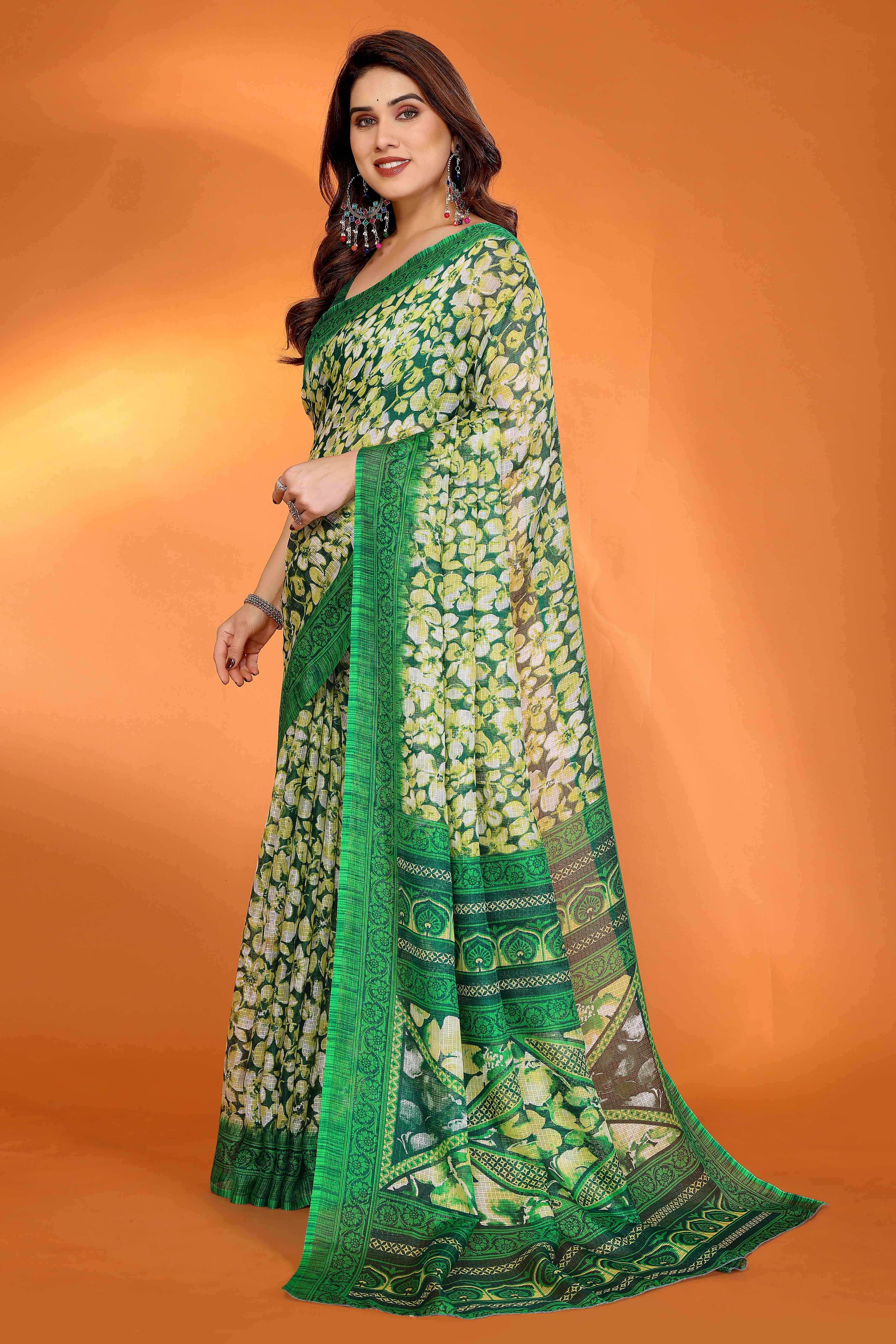 Green Kota Doria Saree with Graceful Floral Print Work