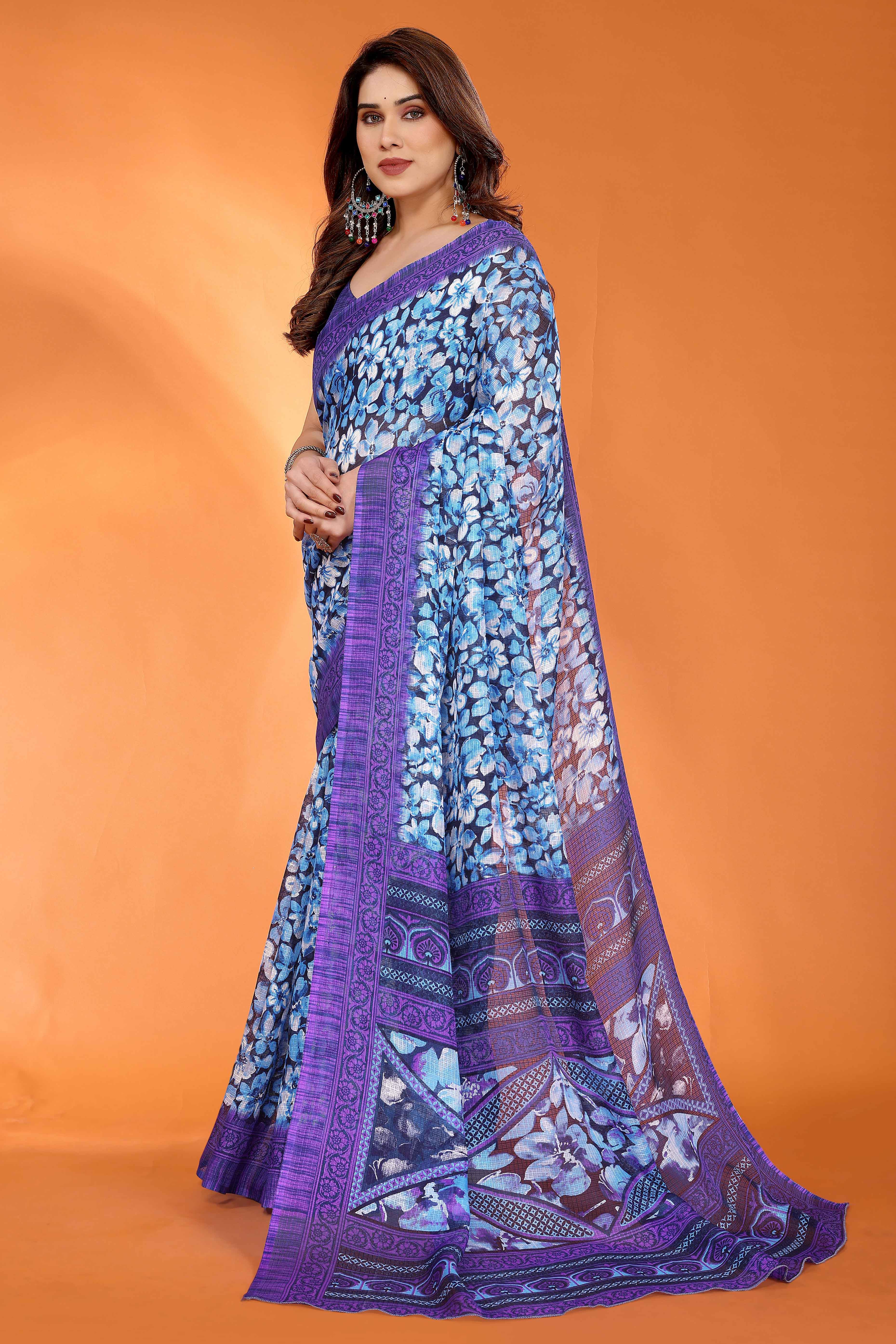 Purple Kota Doria Saree with Graceful Floral Print Work