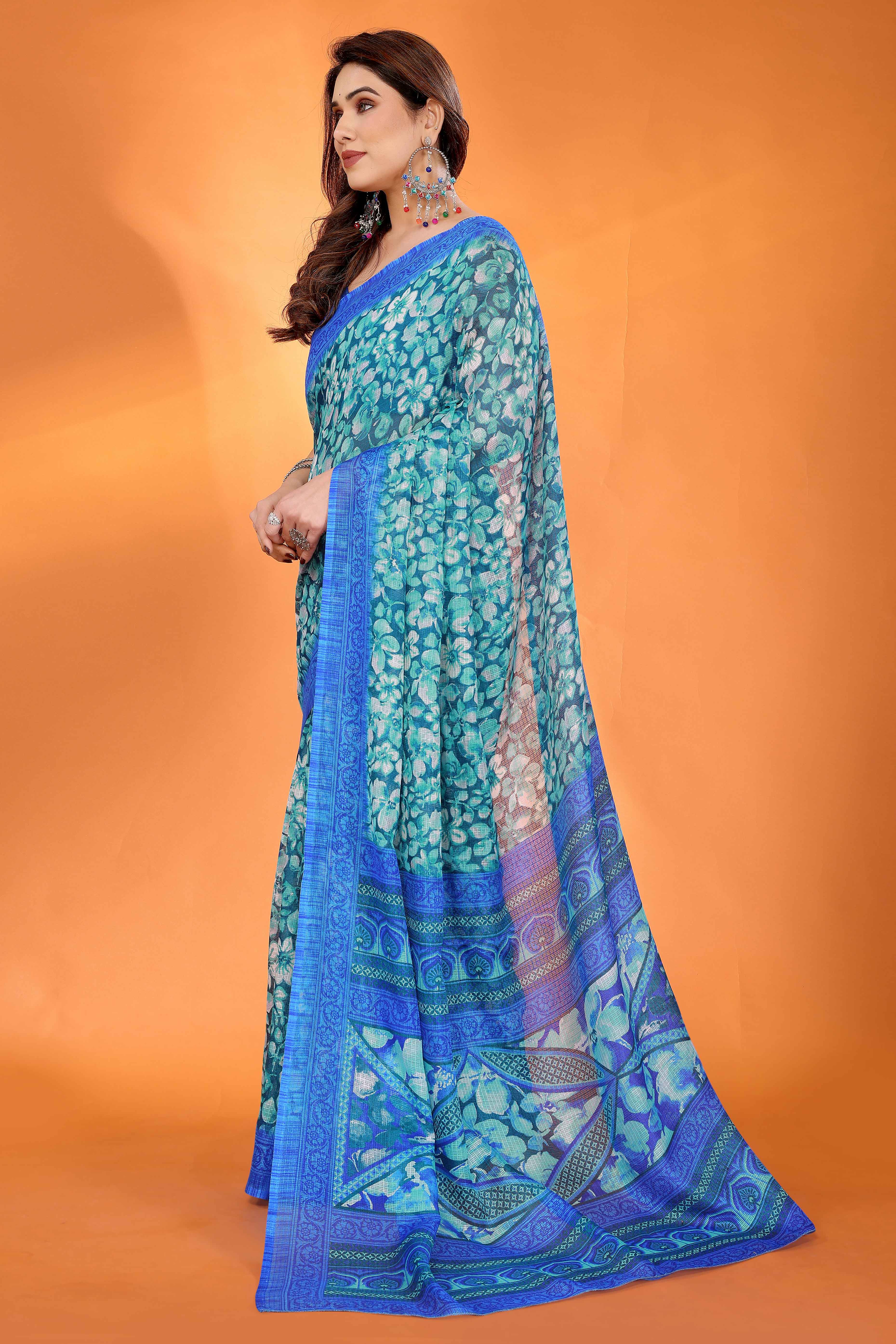 Royal Blue Kota Doria Saree with Graceful Floral Print Work