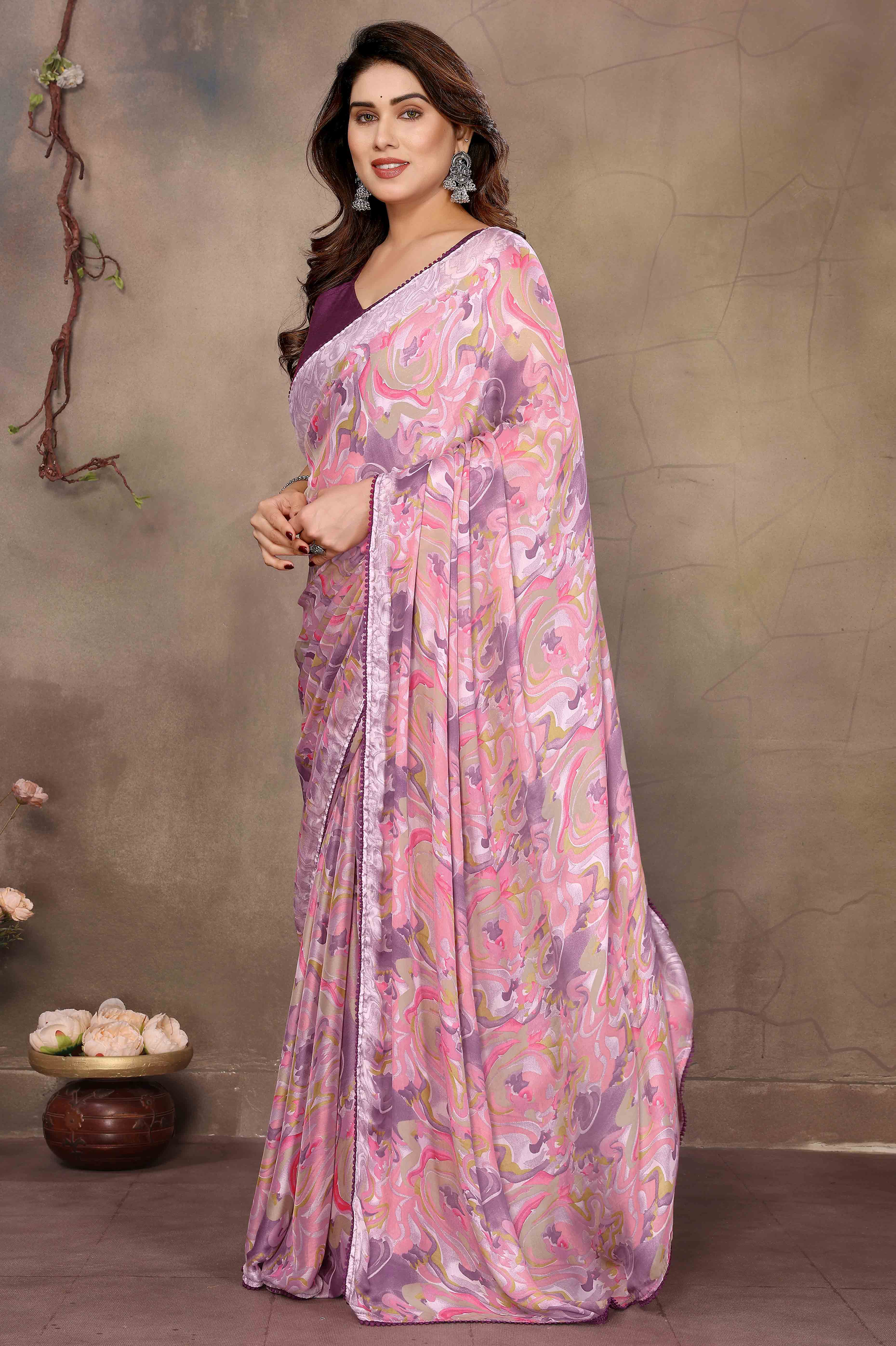 Pink Chiffon Ready To Wear Saree with Delicate Floral Embroidery for Elegant Occasions