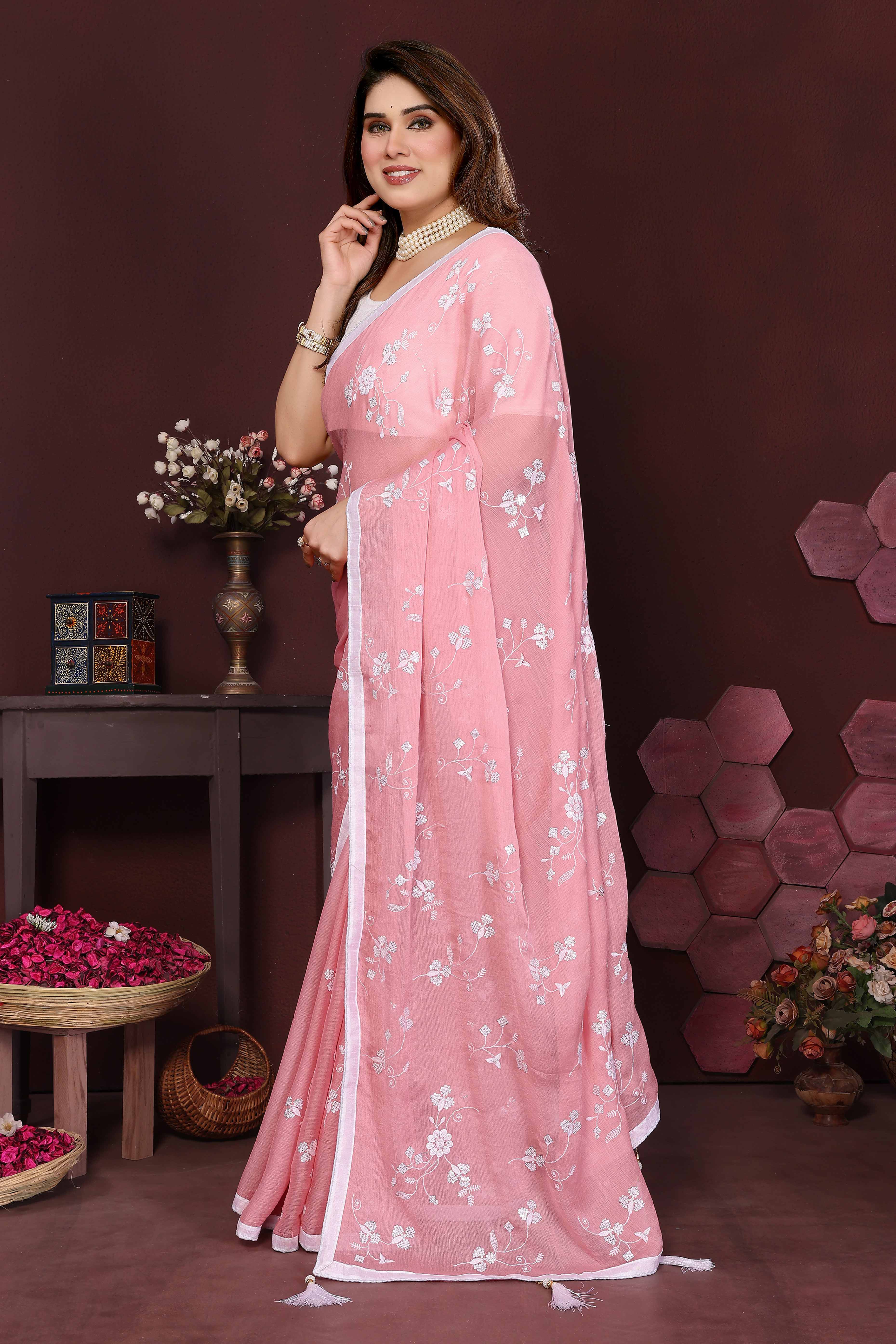 Pink Bloom Saree adorned with Moss Floral Embroidery and Delicate Lace Border