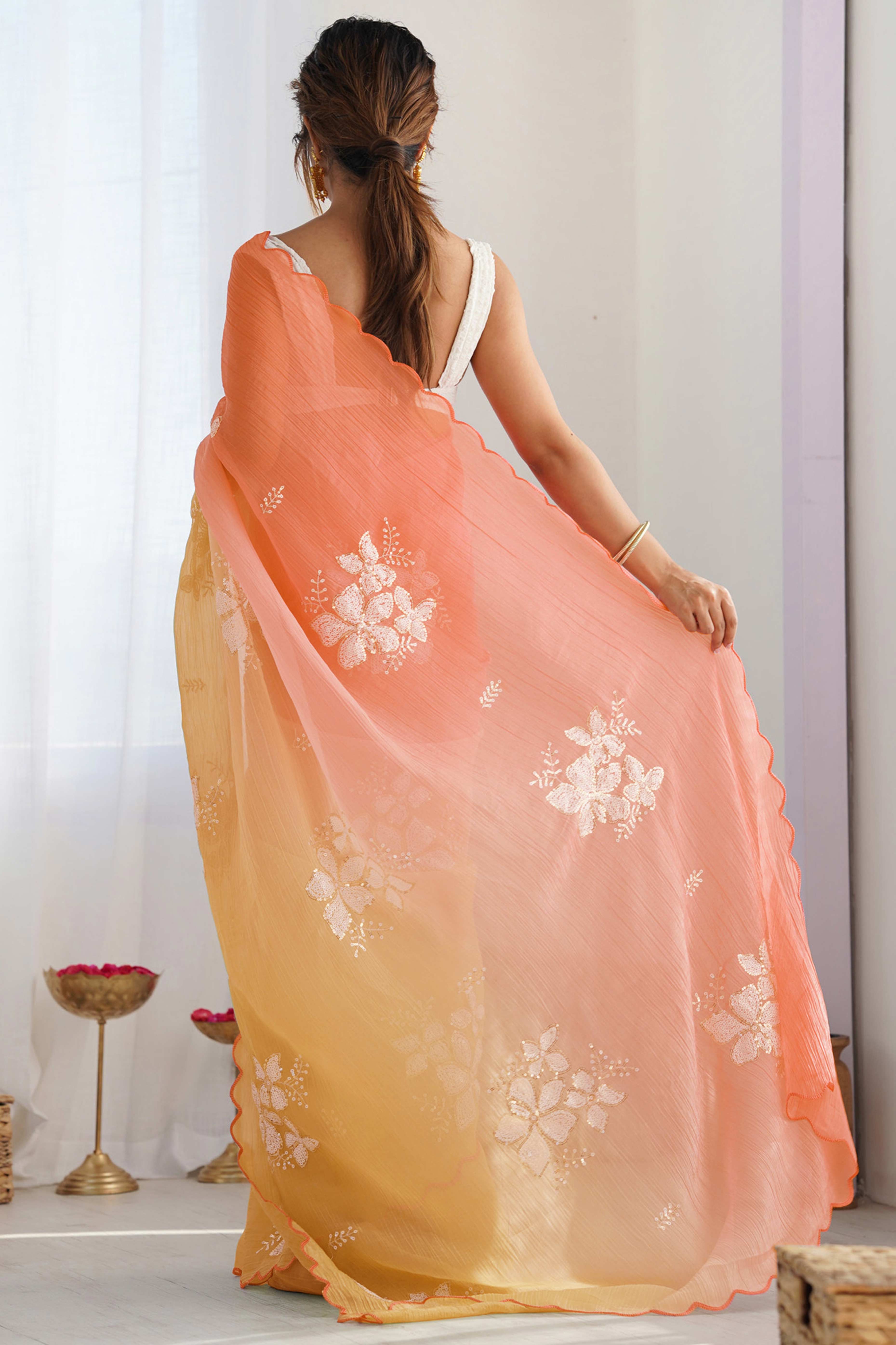 Orange & Yellow Ombre Silk Blend Saree Accentuated With Floral Sequins Embroidery