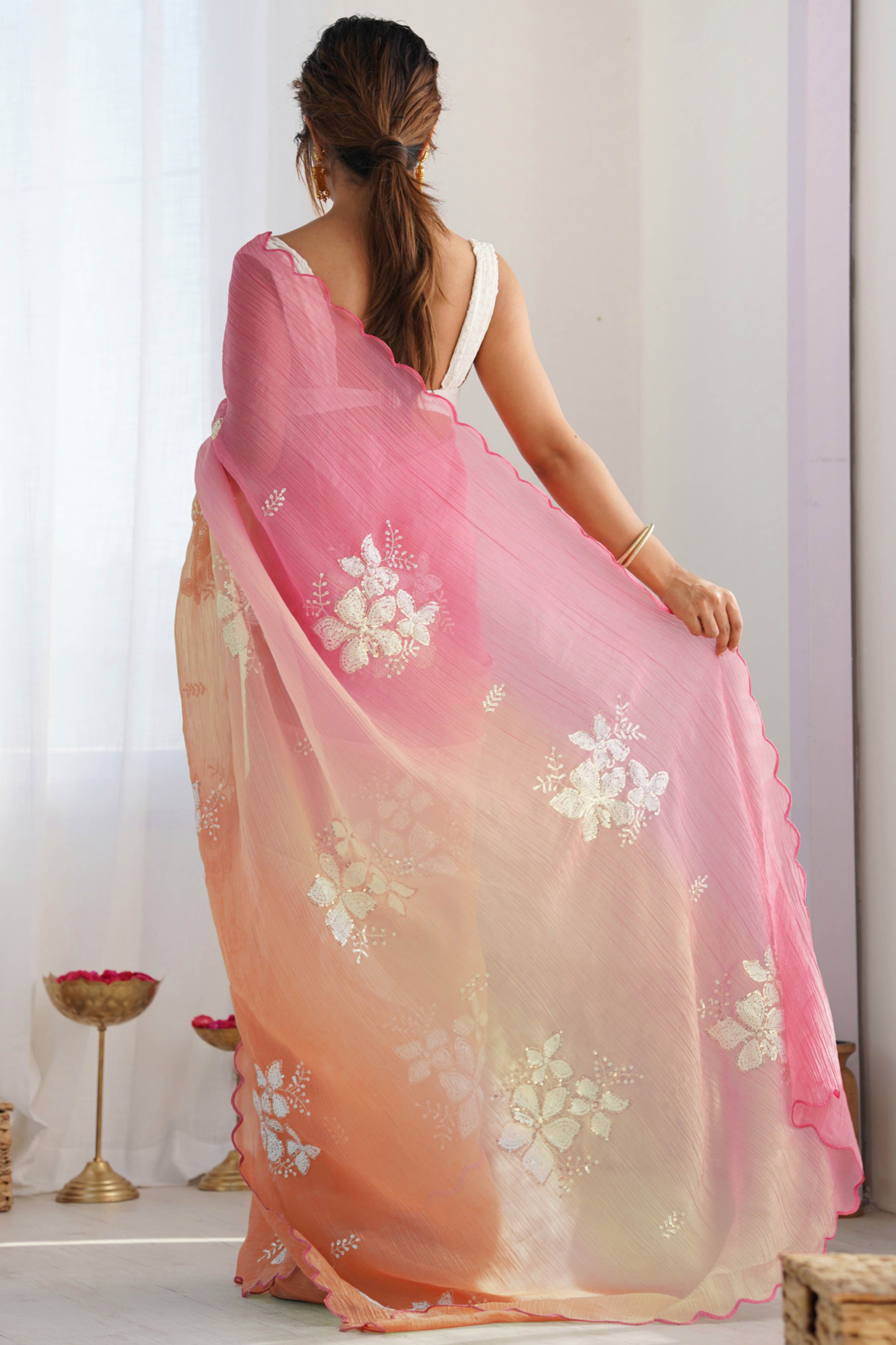 Pink & Orange Ombre Silk Blend Saree Accentuated With Floral Sequins Embroidery