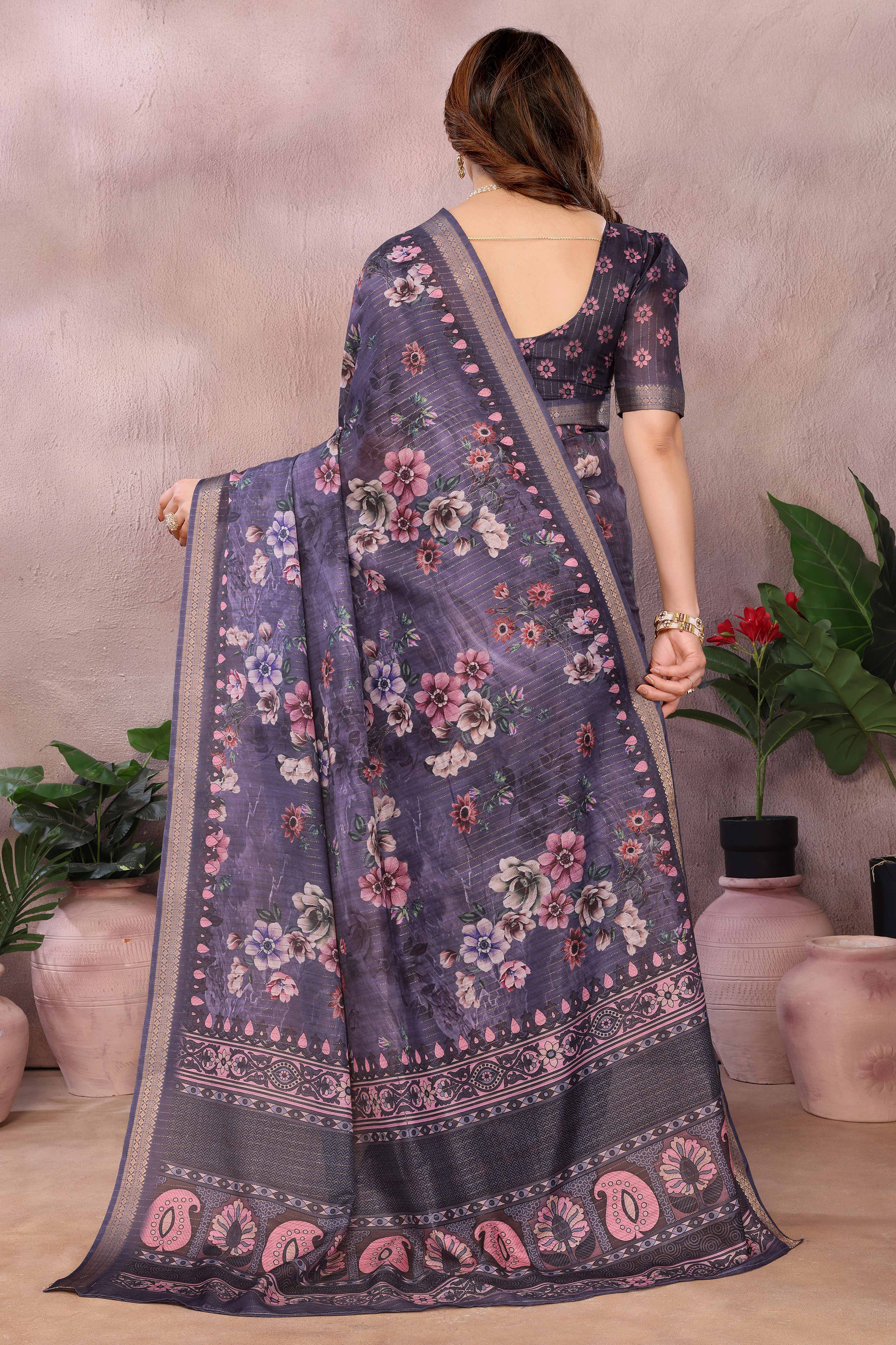 Wine Zari Woven Saree with Floral Motifs in Cotton Blend Fabric