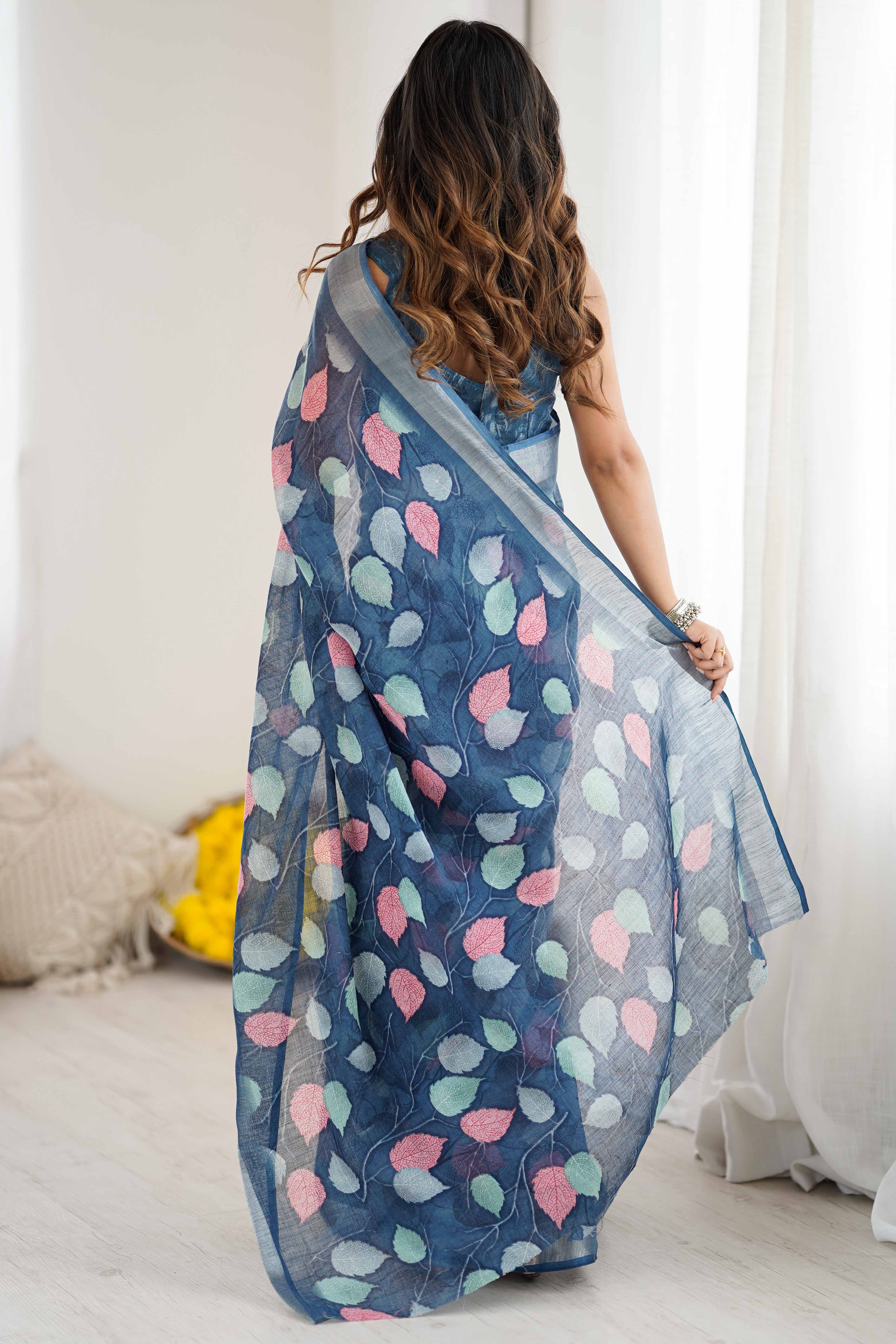 Dark Blue Linen Saree With Graceful All Over Leaf Pattern