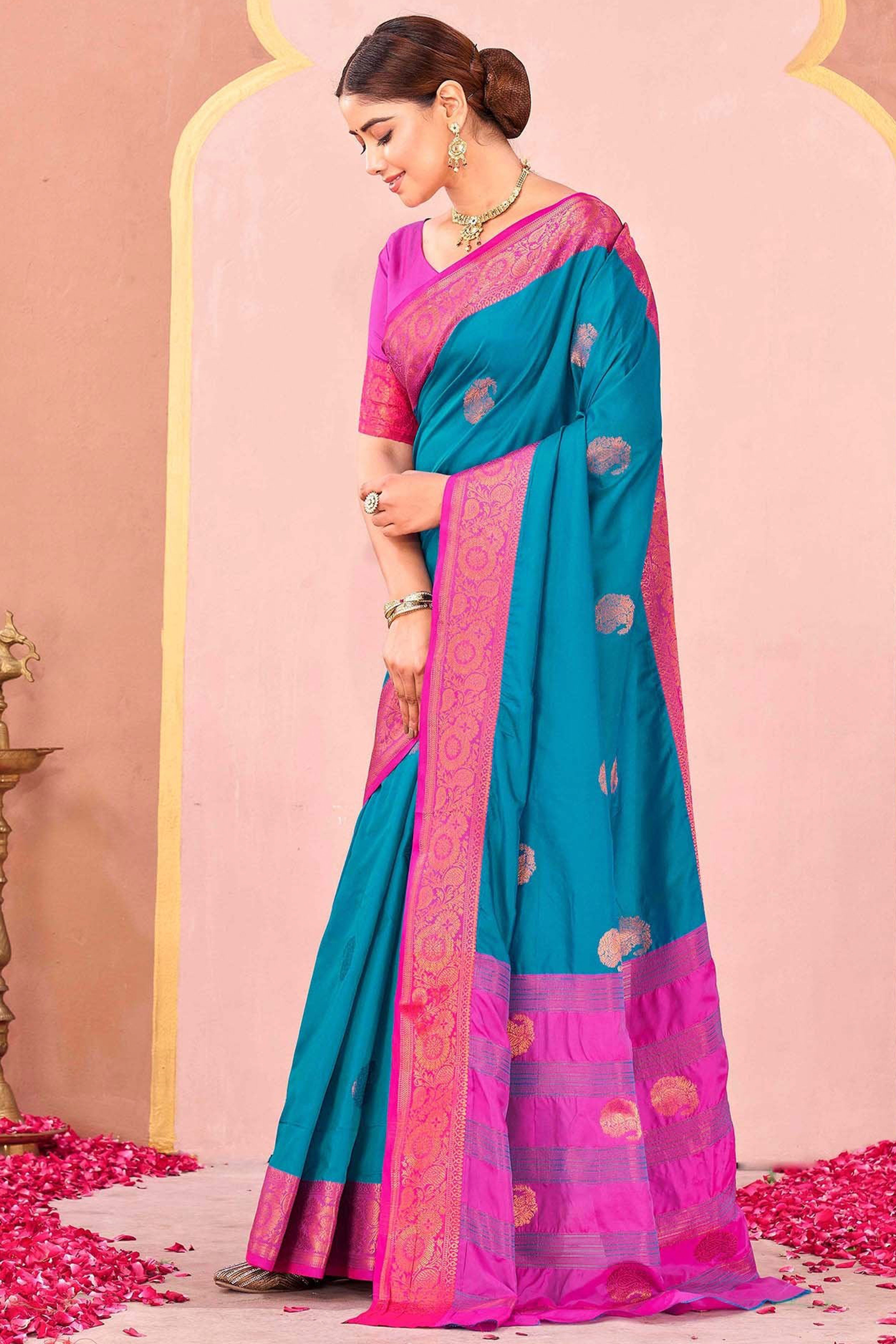Blue Silk Blend Saree Adorned With Zari Woven Floral & Paisley Design