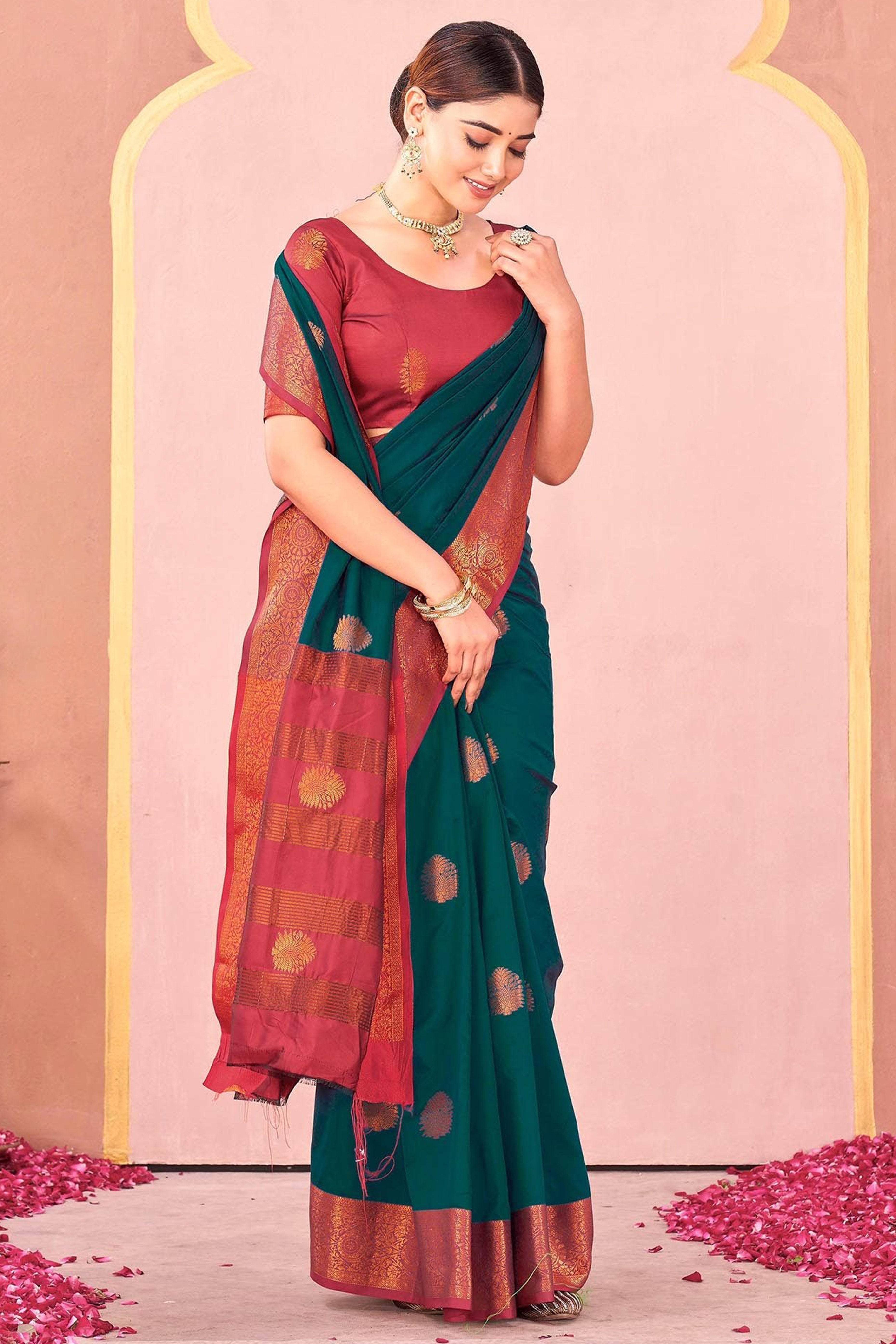 Rama Green Silk Blend Saree Adorned With Zari Woven Floral & Paisley Design