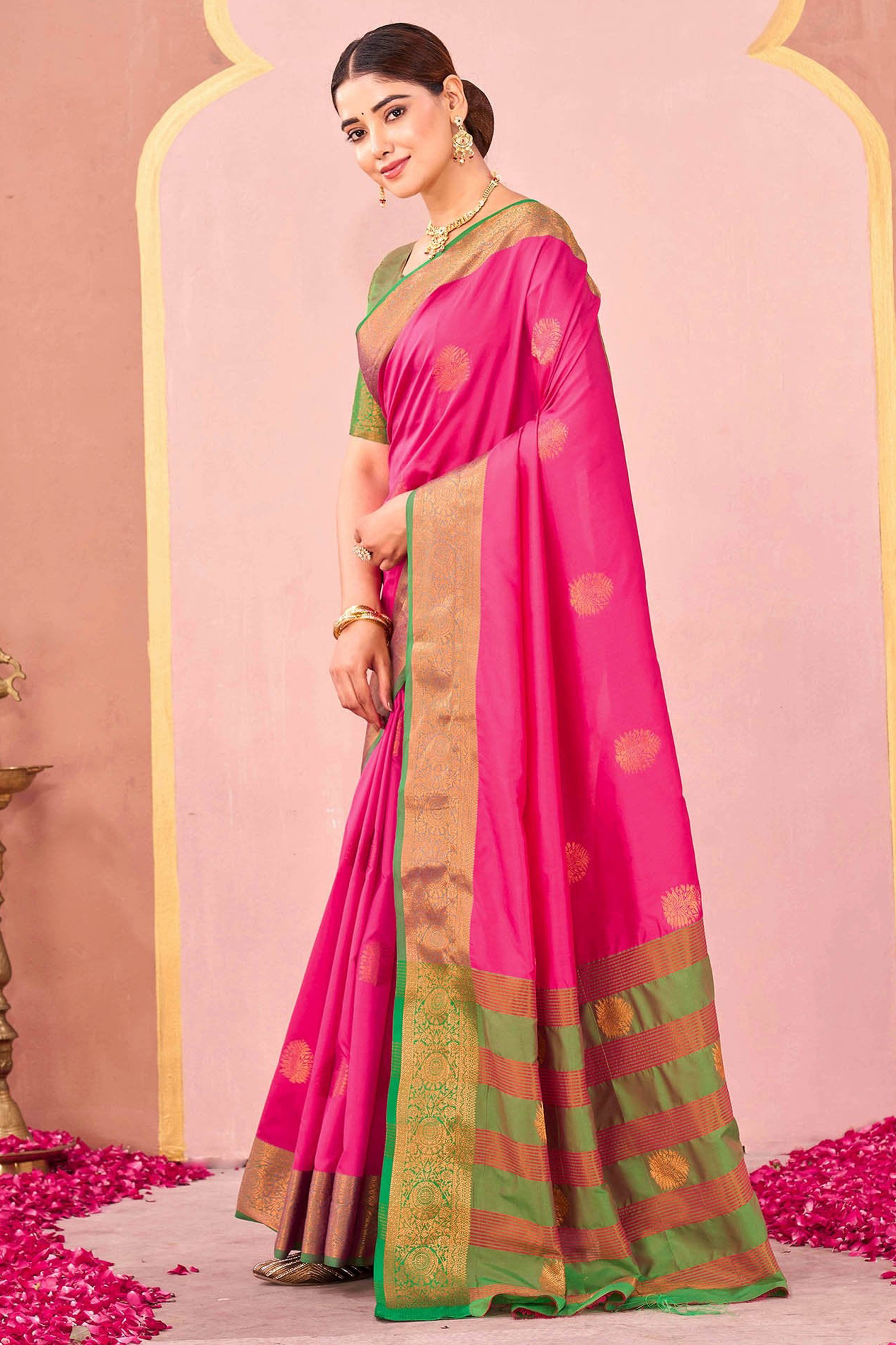 Rani Pink Silk Blend Saree Adorned With Zari Woven Floral & Paisley Design