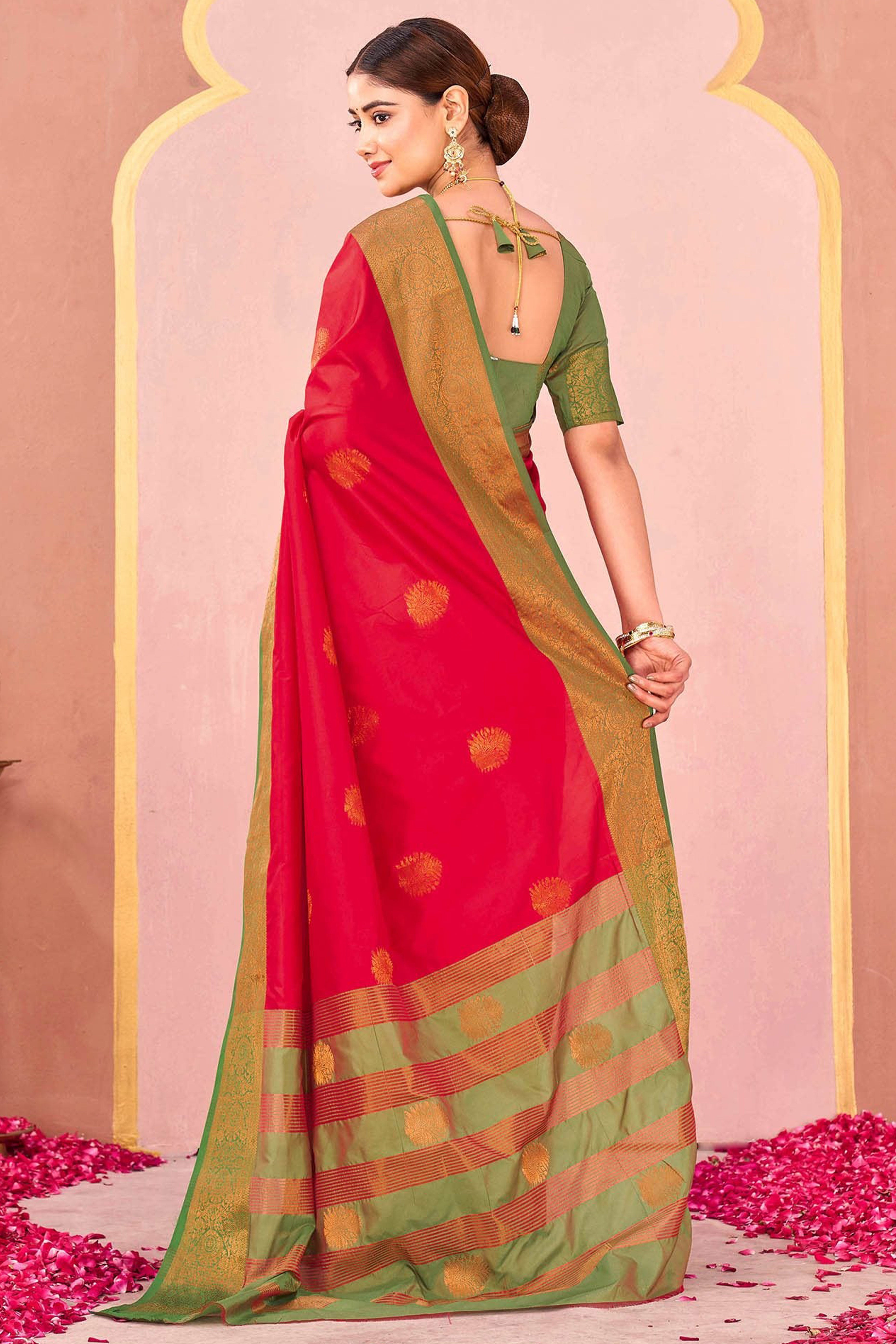 Red Silk Blend Saree Adorned With Zari Woven Floral & Paisley Design