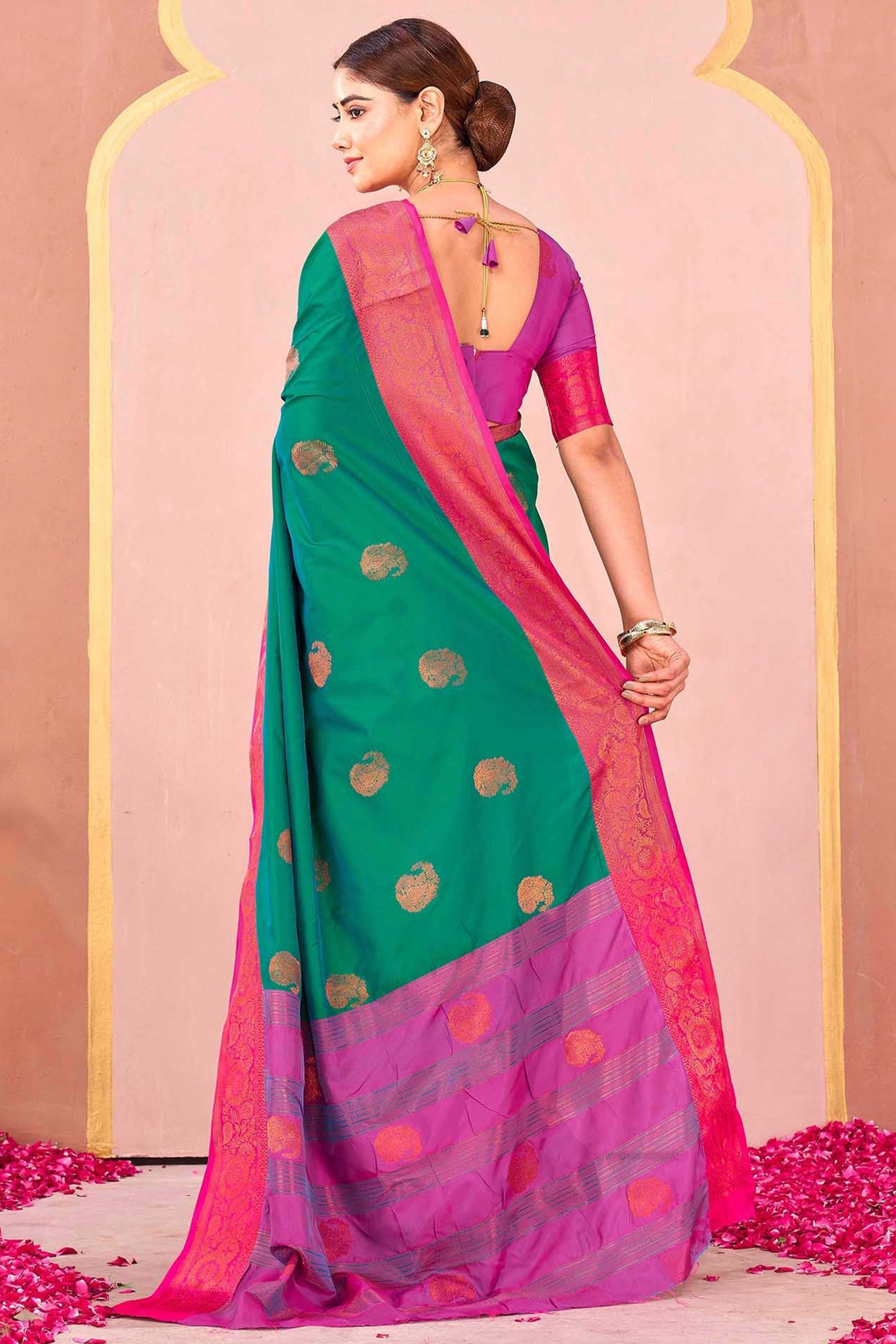 Teal Green Silk Blend Saree Adorned With Zari Woven Floral & Paisley Design