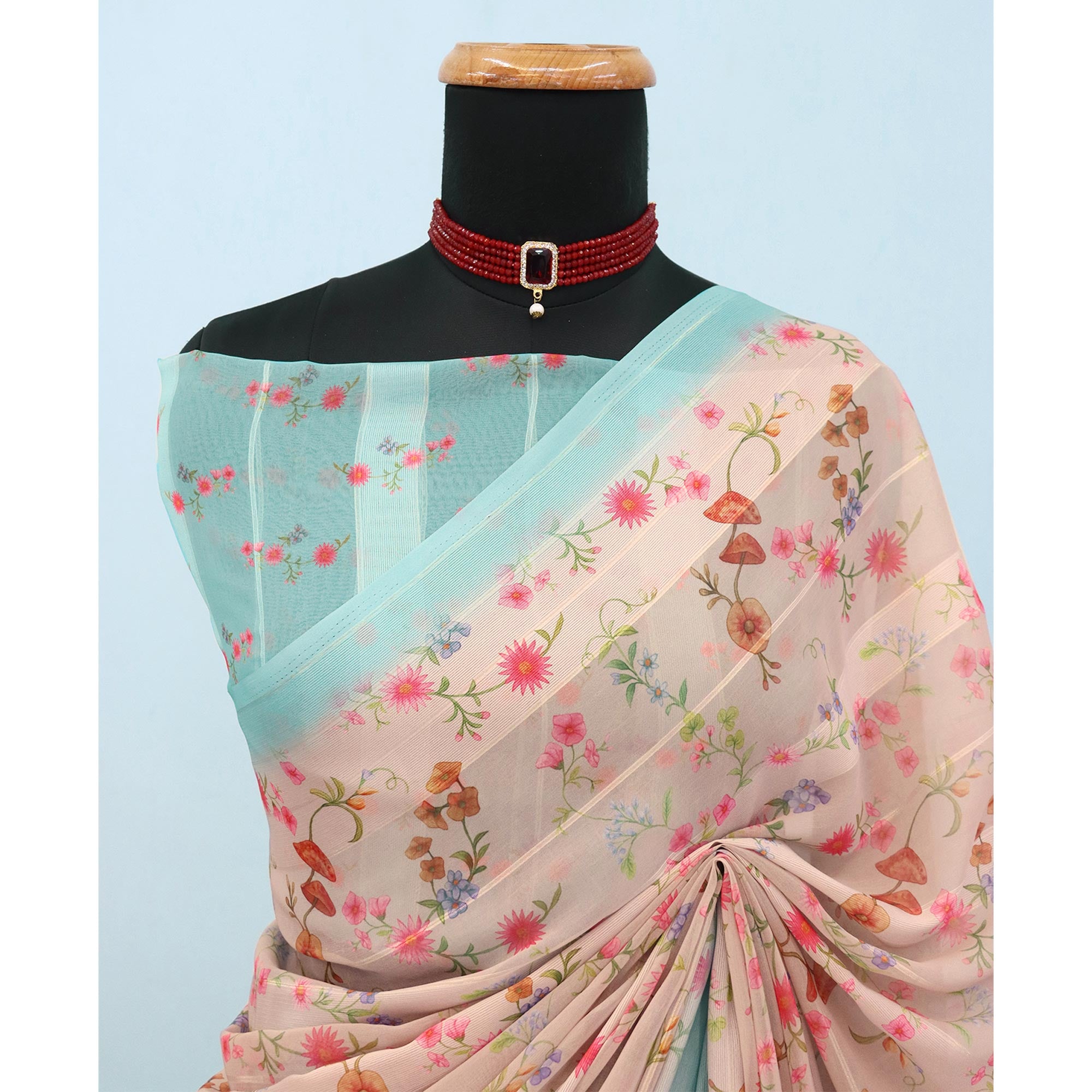 Beige Bloom Floral Digital Printed Georgette Saree Accentuated With Graceful Zari Stripes