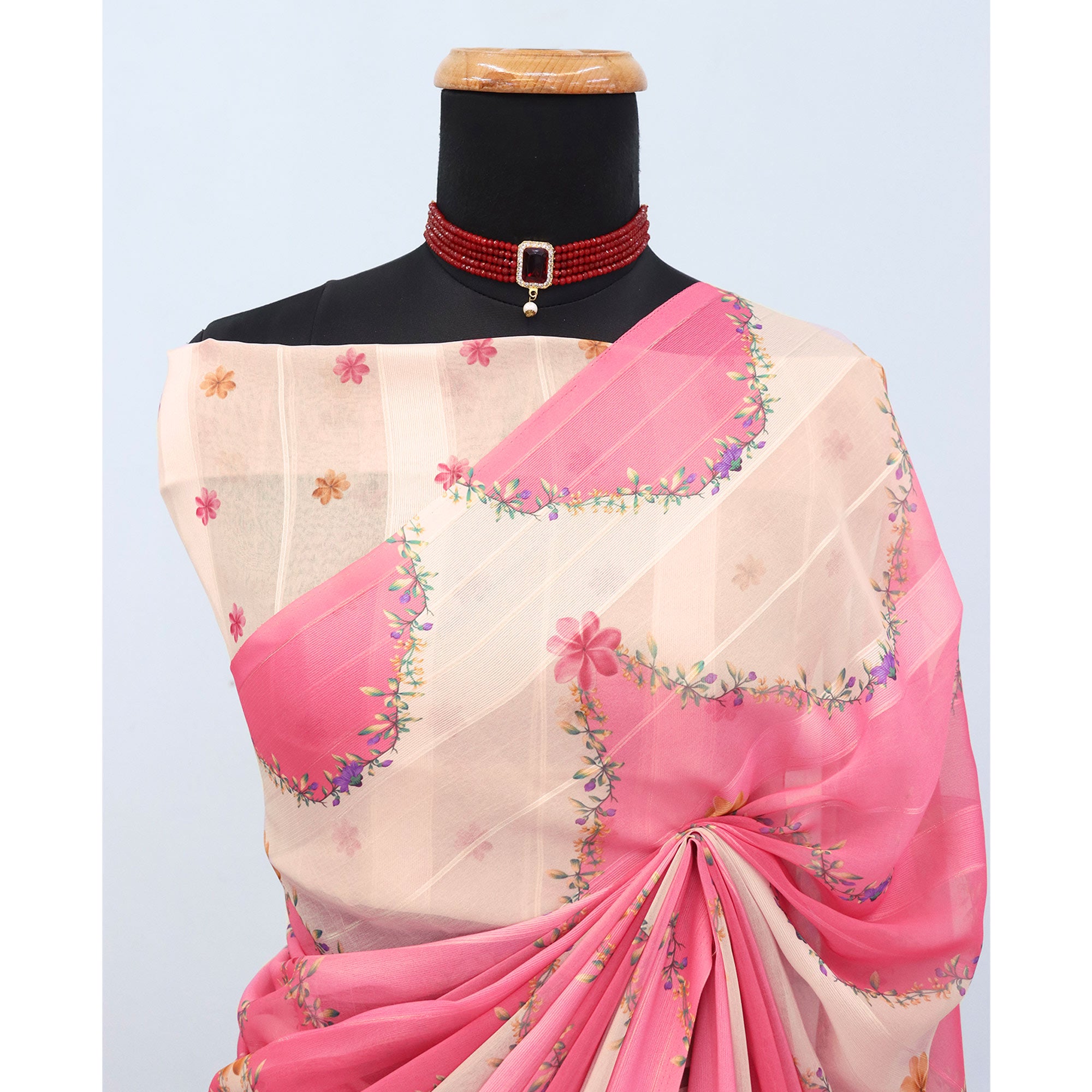 Pink Bloom Floral Digital Printed Georgette Saree Accentuated With Graceful Zari Stripes