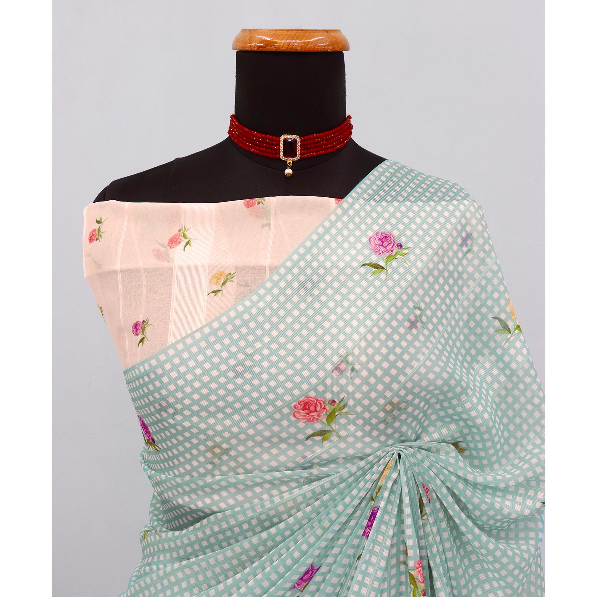 Elegant Sky Blue Floral Digital Printed Georgette Saree With Subtle Detailing