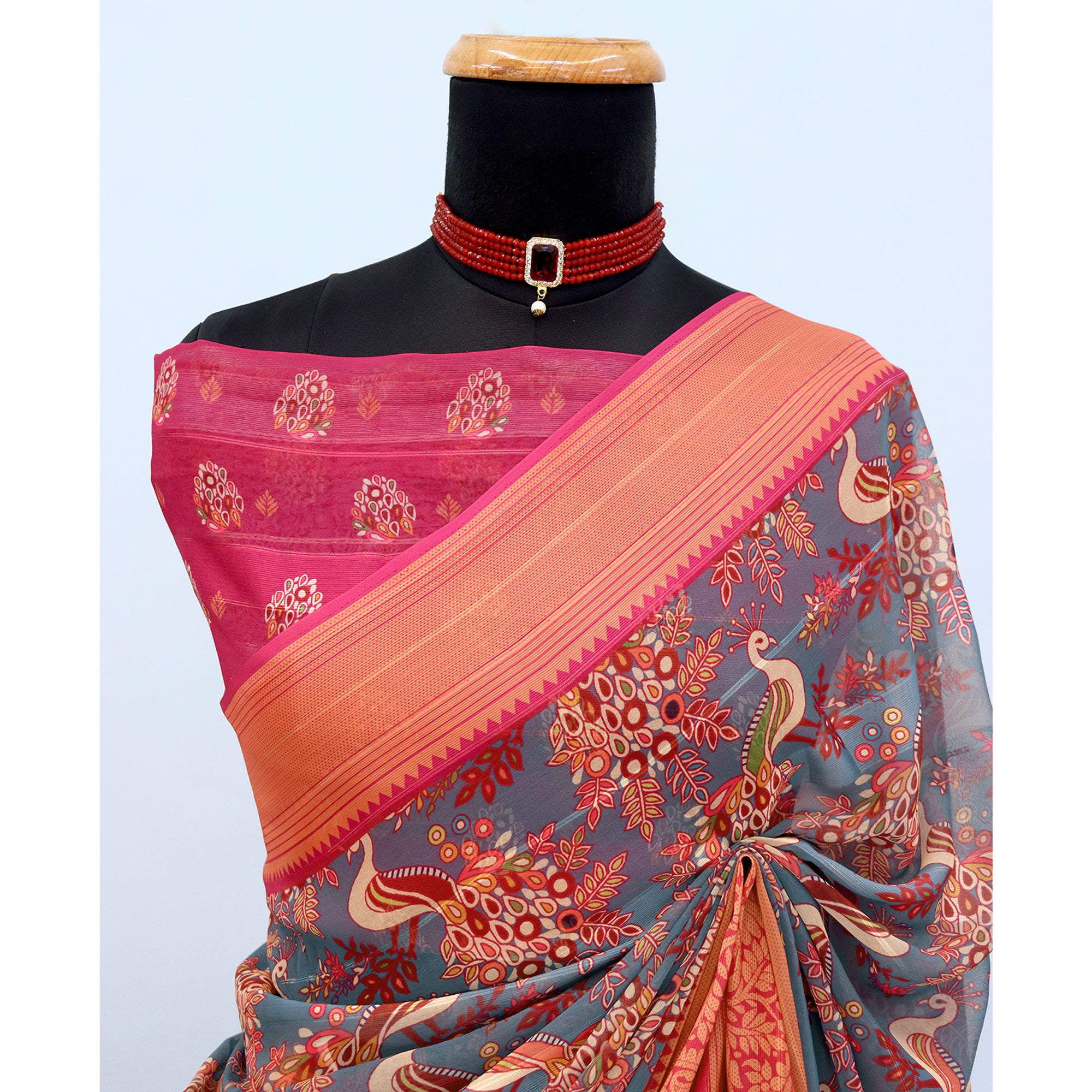 Elegant Grey & Pink Floral Digital Printed Georgette Saree Adorned With Subtle Zari Stripes