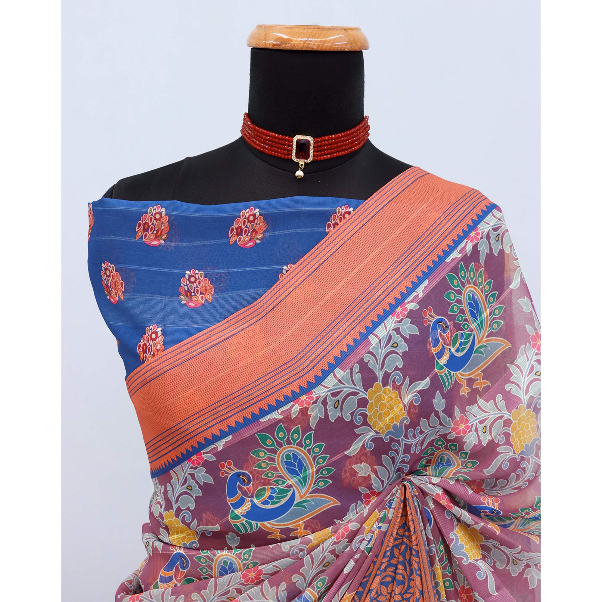 Elegant Wine & Blue Floral Digital Printed Georgette Saree Adorned With Subtle Zari Stripes