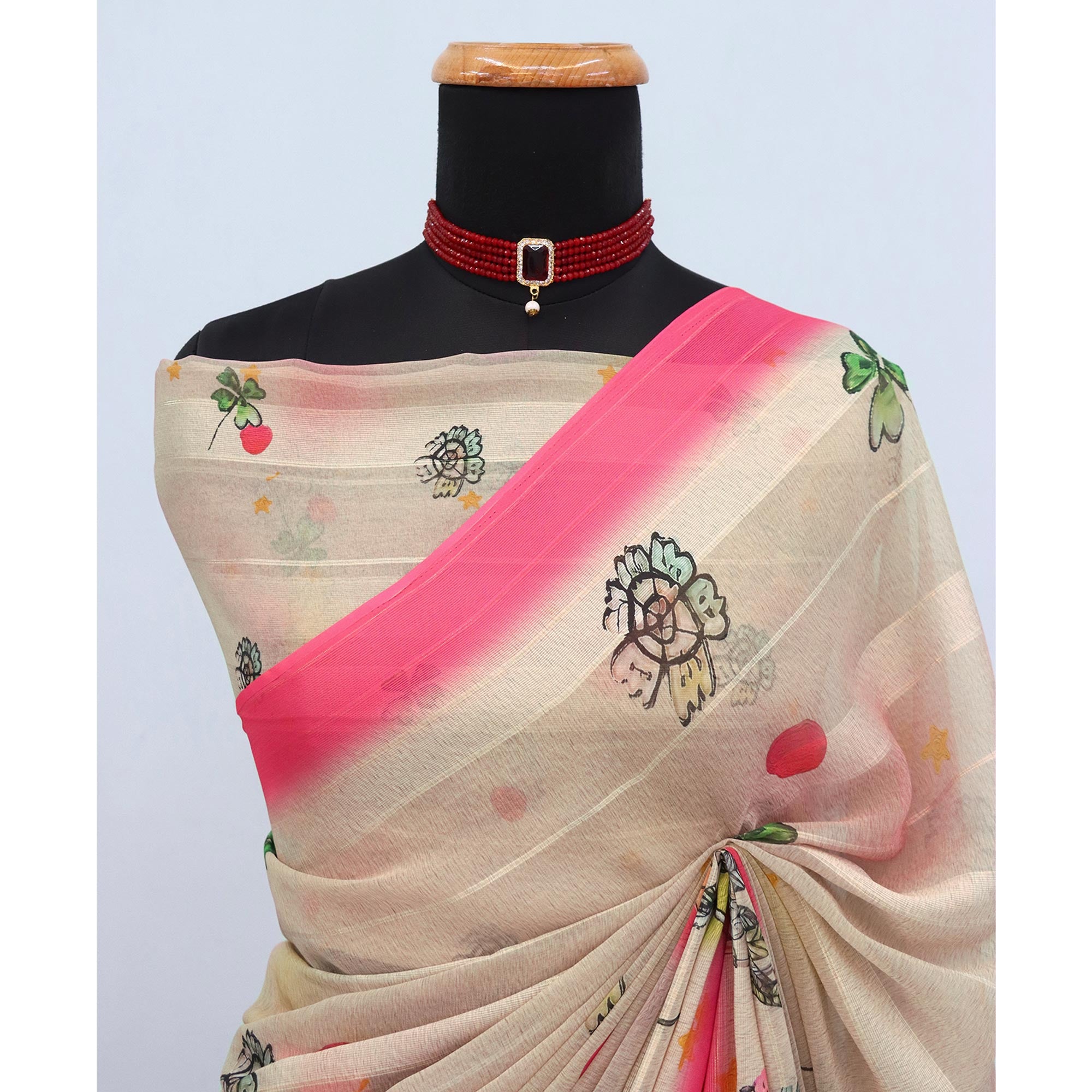 Charming Offwhite & Pink Floral Digital Printed Georgette Saree Accentuated With Zari Stripes