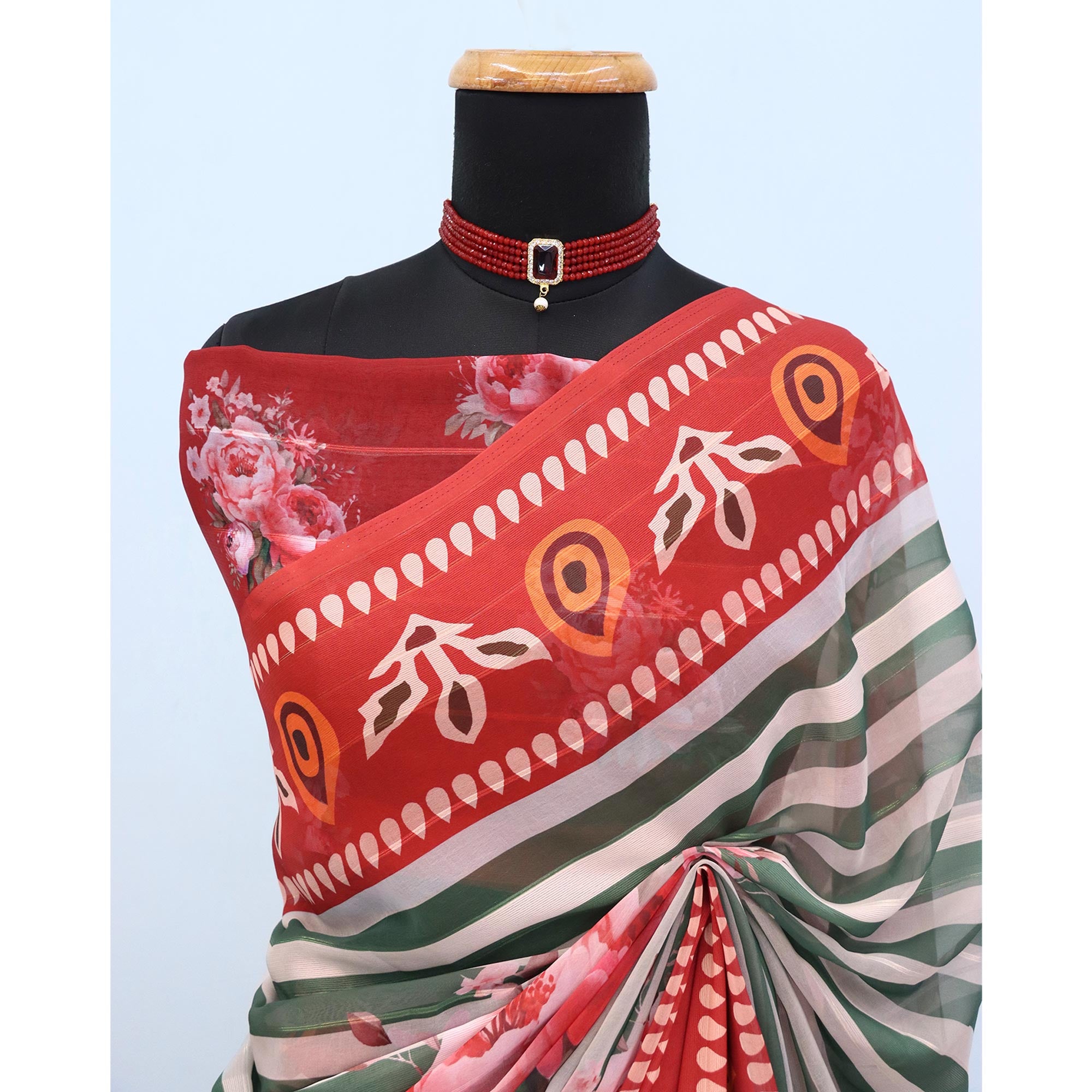 Charming Mehendi Green & Rust Striped Digital Printed Georgette Saree Accentuated With Zari Stripes