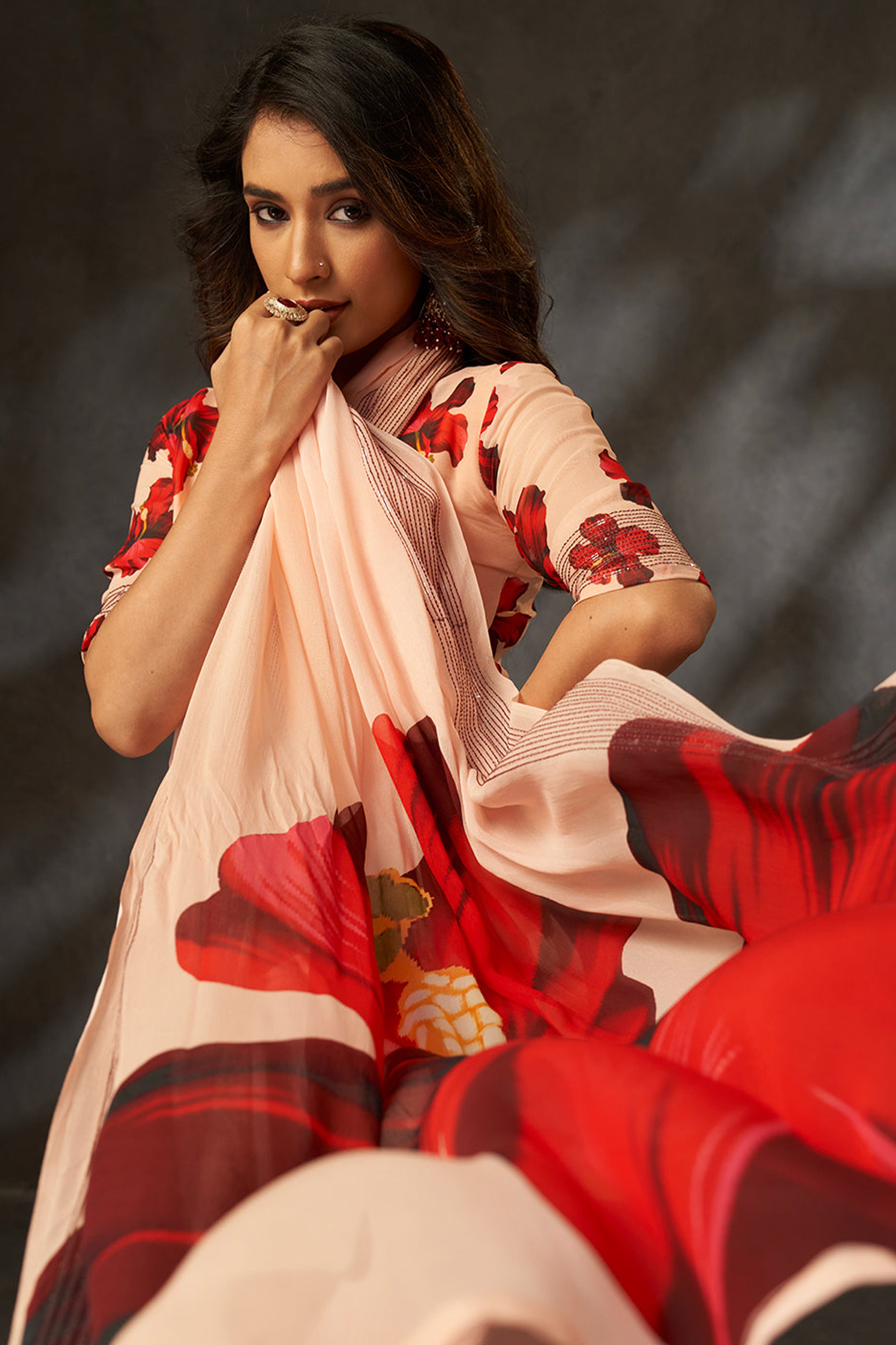 Graceful Peach Floral Digital Print Saree in Georgette With Artistic Crochet Border Work