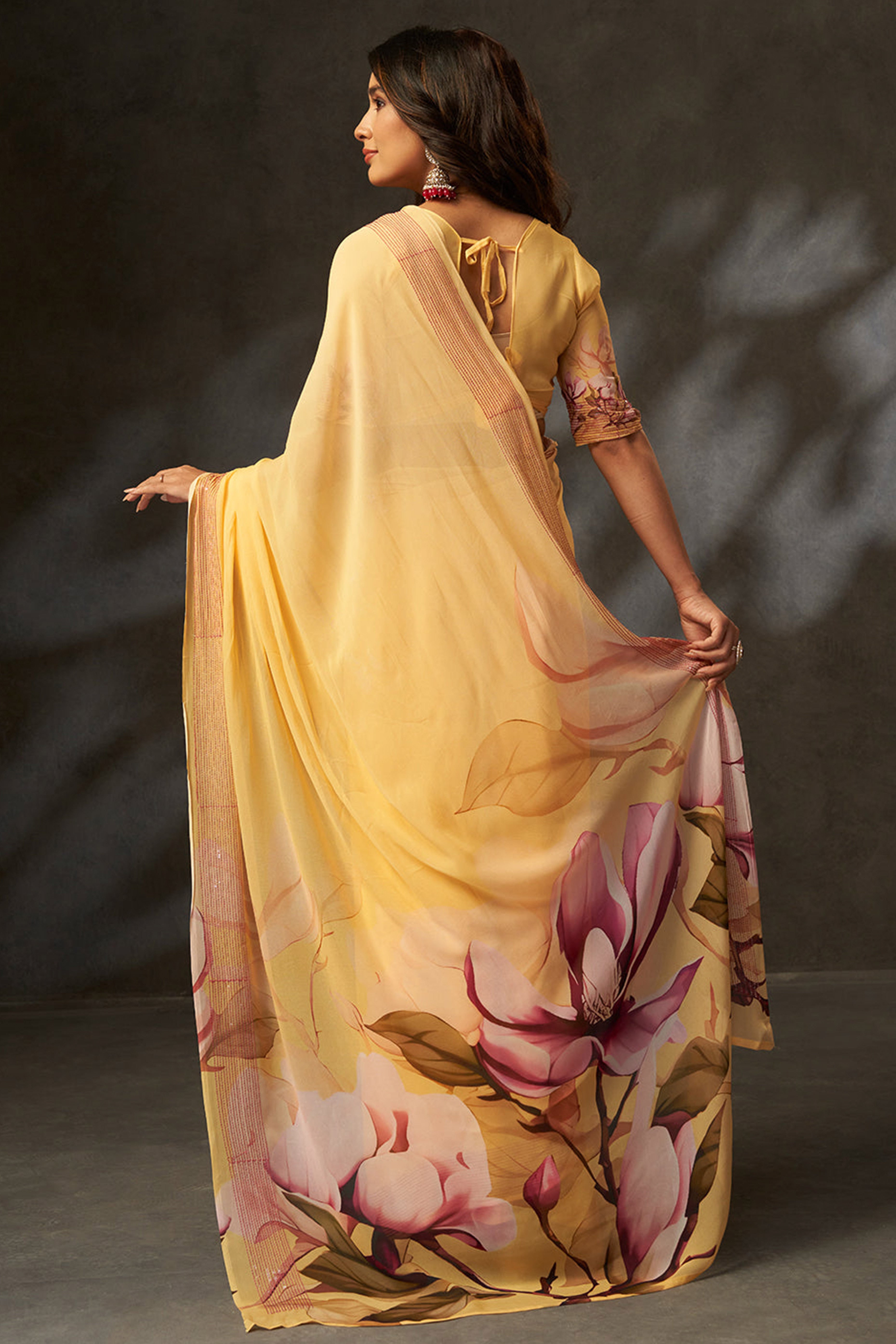Graceful Yellow Floral Digital Print Saree in Georgette With Artistic Crochet Border Work