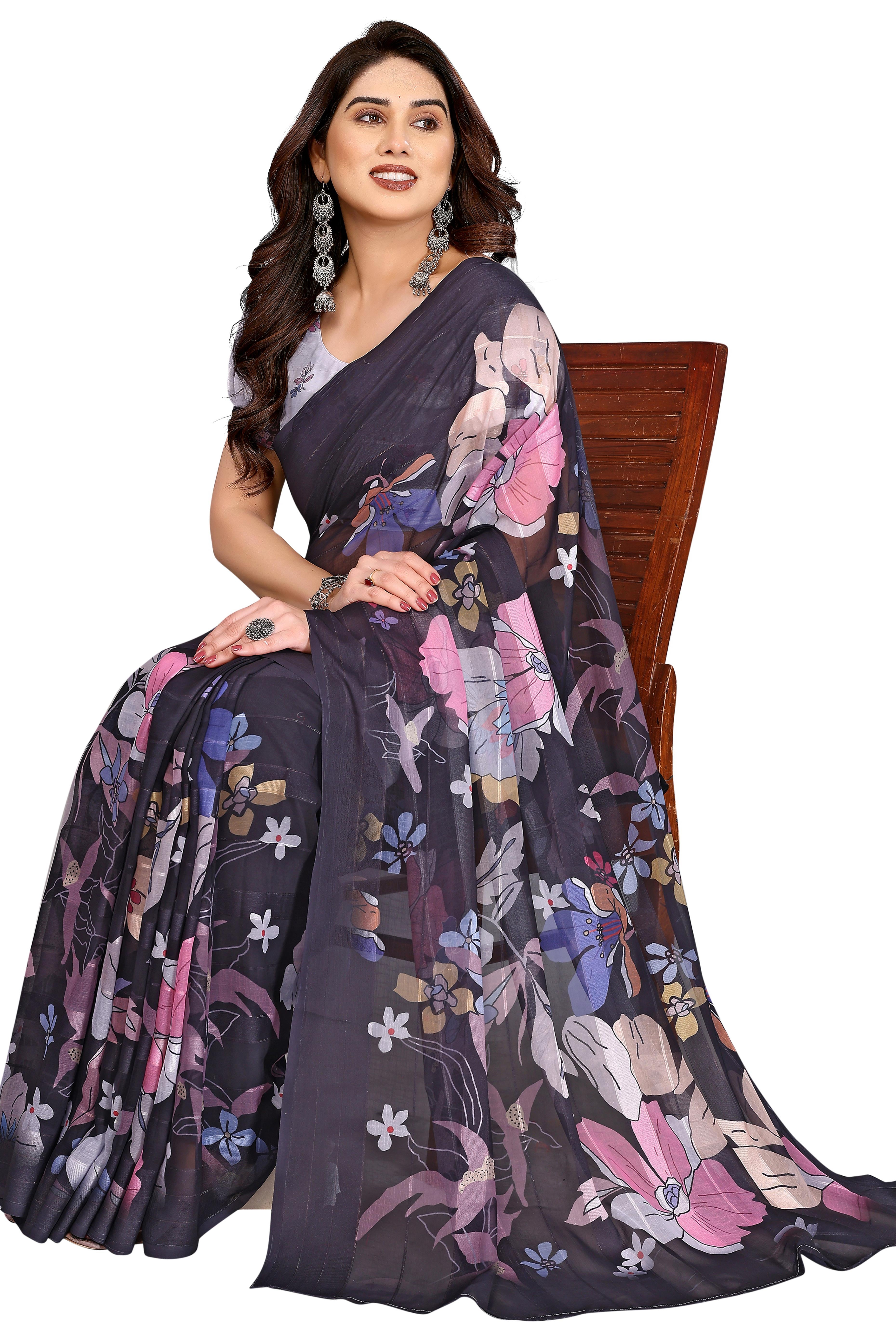 Graceful Black Floral Digital Print Georgette Saree Featuring Zari Work & Vibrant Striped