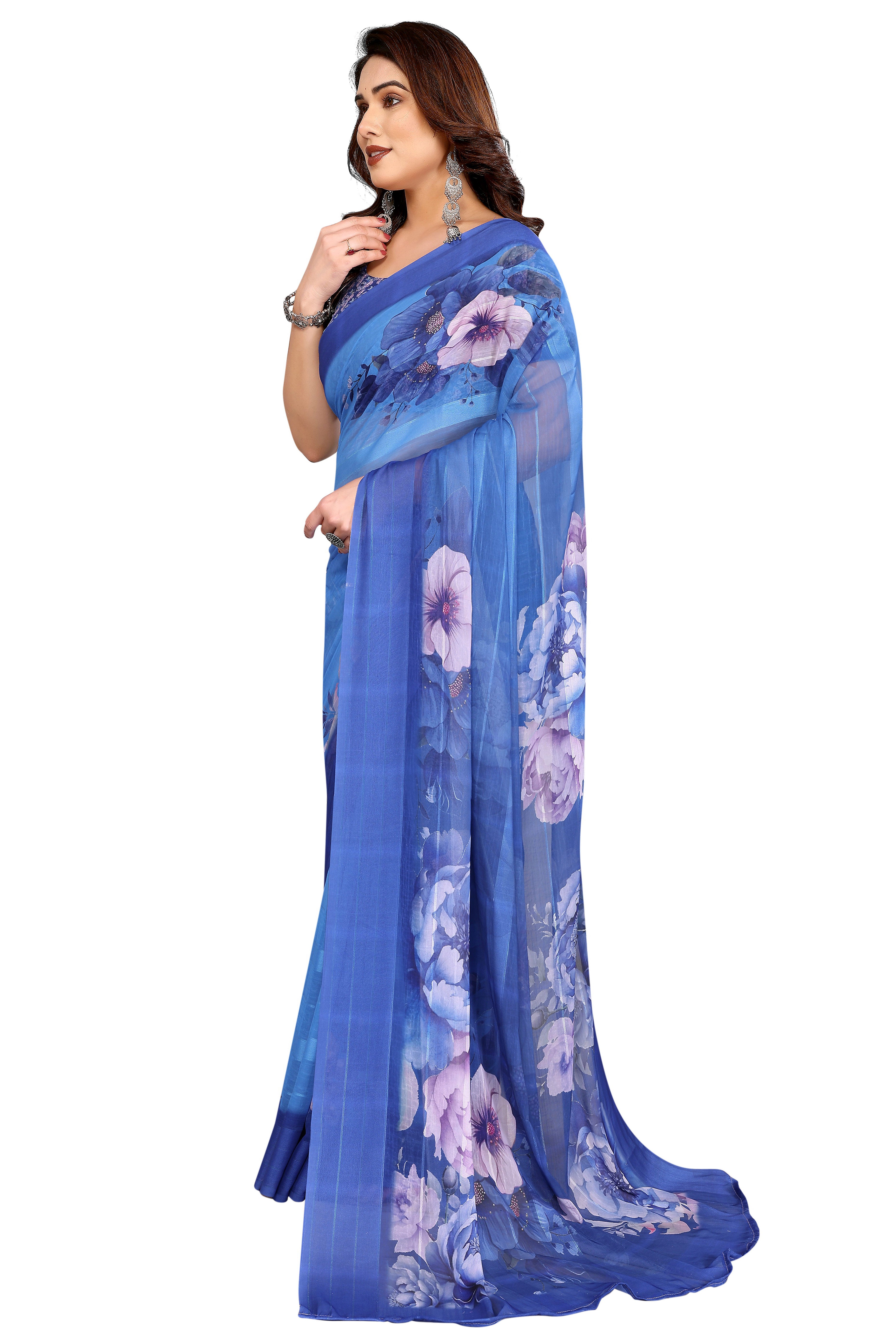 Graceful Blue Floral Digital Print Georgette Saree Featuring Zari Work & Vibrant Striped
