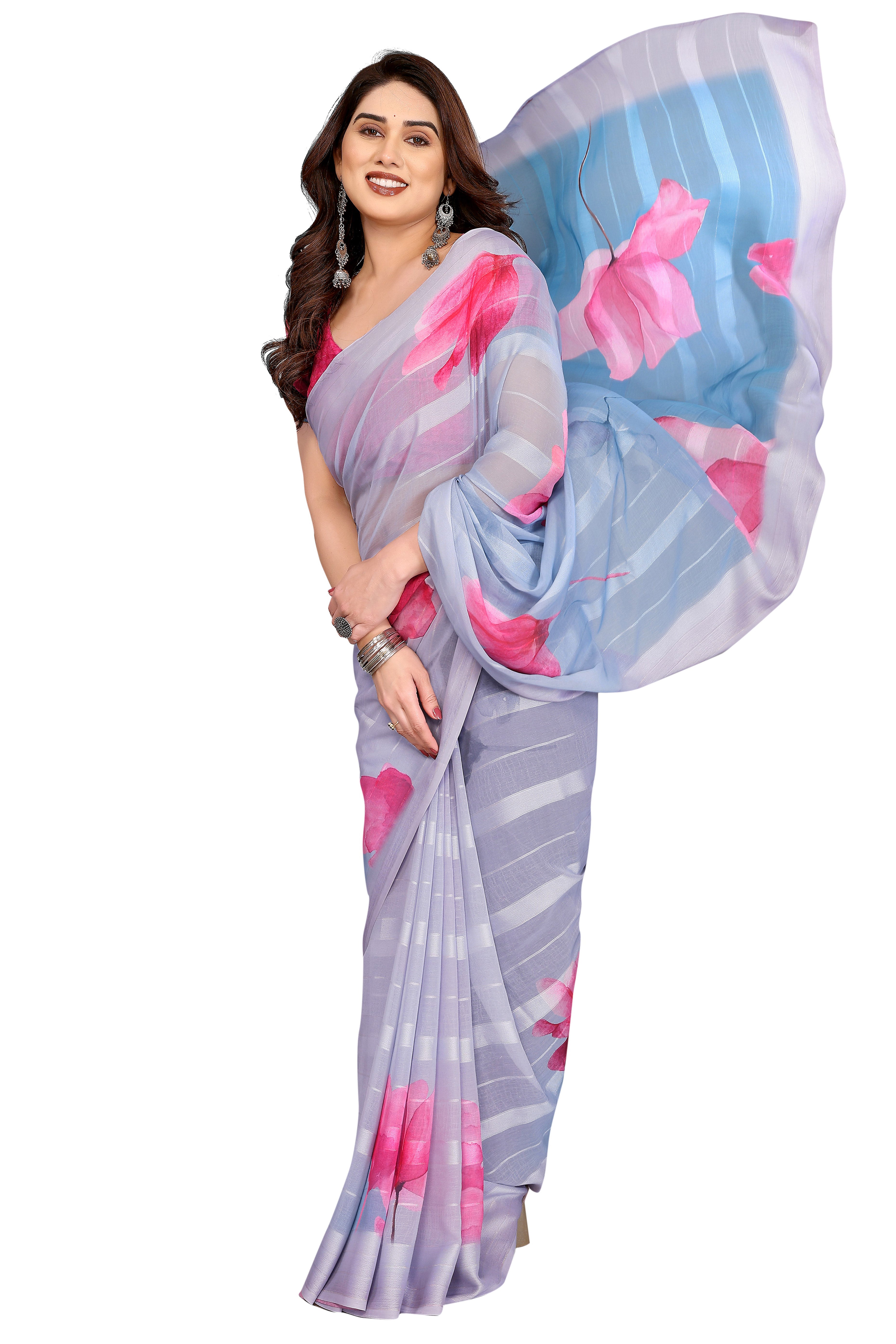 Graceful Grey Floral Digital Print Georgette Saree Featuring Zari Work & Vibrant Striped