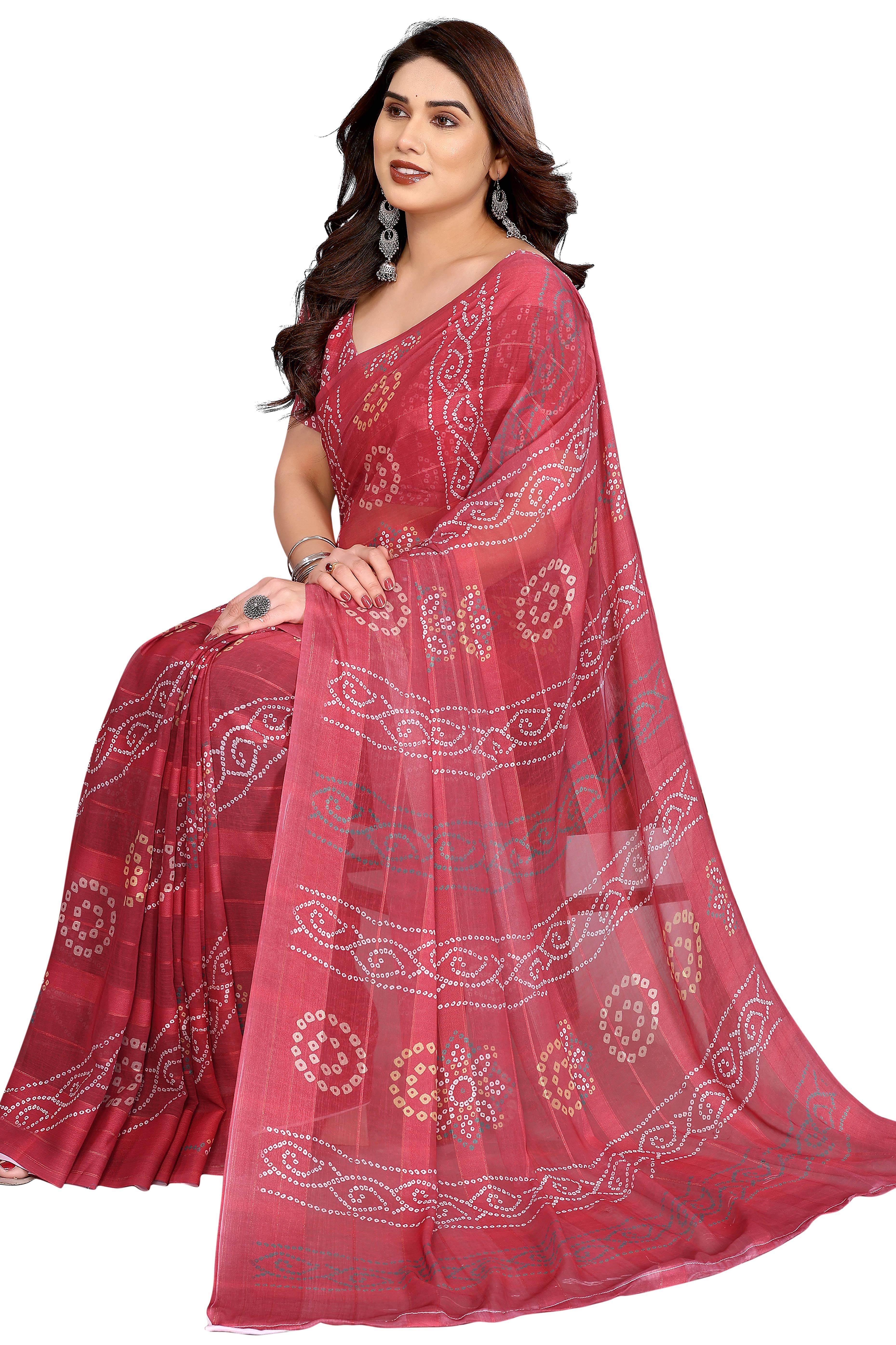 Graceful Maroon Bandhani Digital Print Georgette Saree Featuring Zari Work & Vibrant Striped
