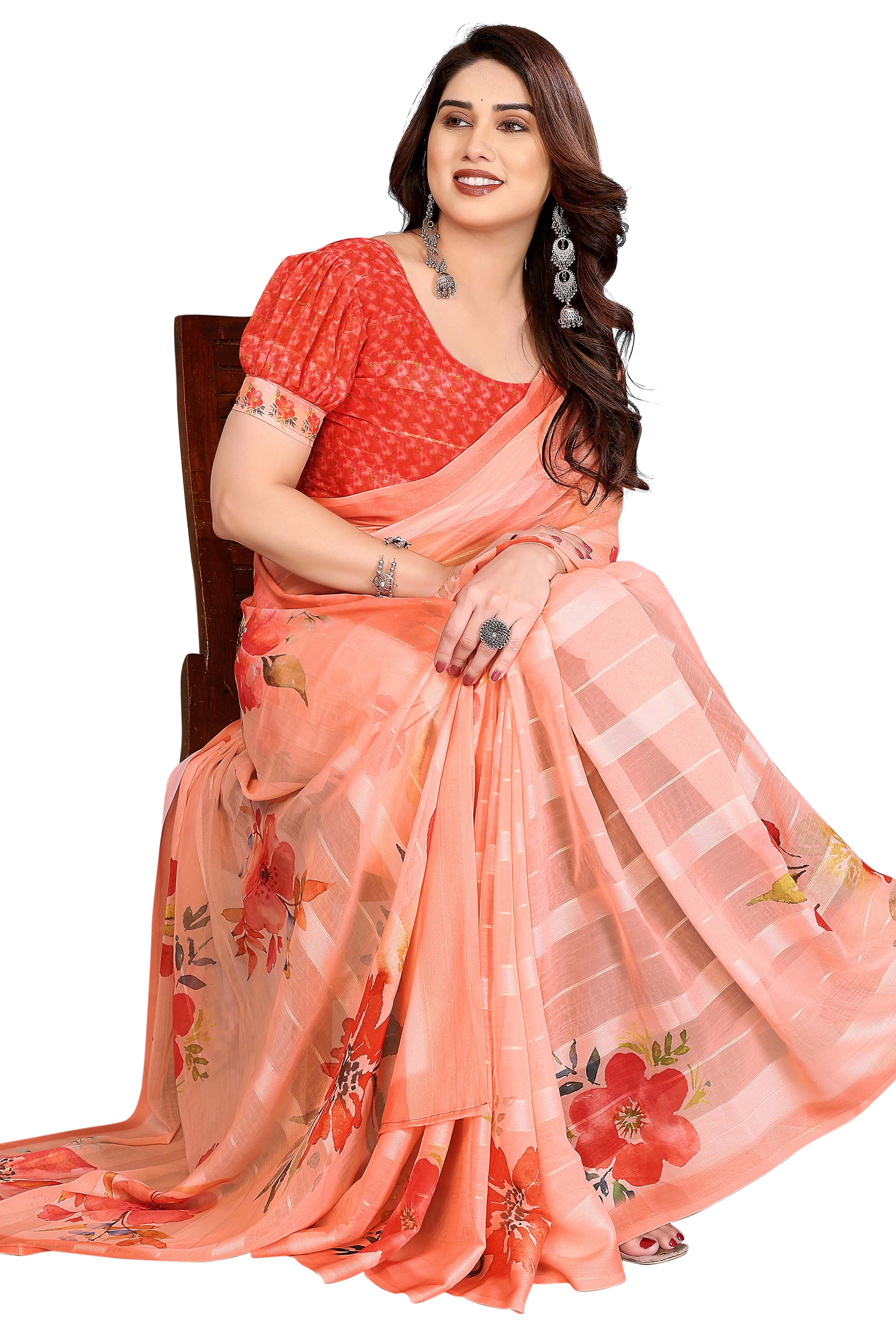 Graceful Peach Floral Digital Print Georgette Saree Featuring Zari Work & Vibrant Striped