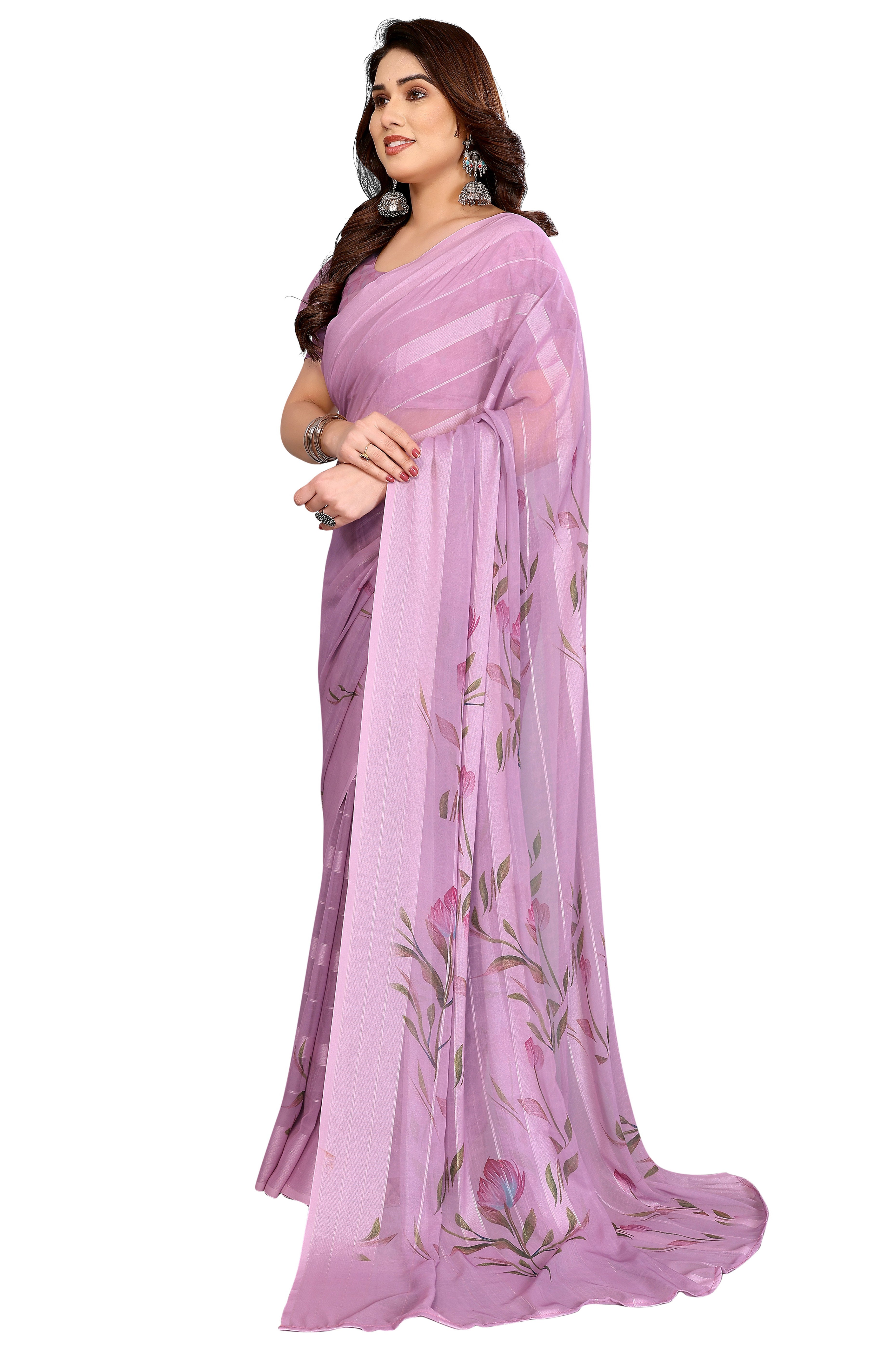 Graceful Light Purple Floral Digital Print Georgette Saree Featuring Zari Work & Vibrant Striped