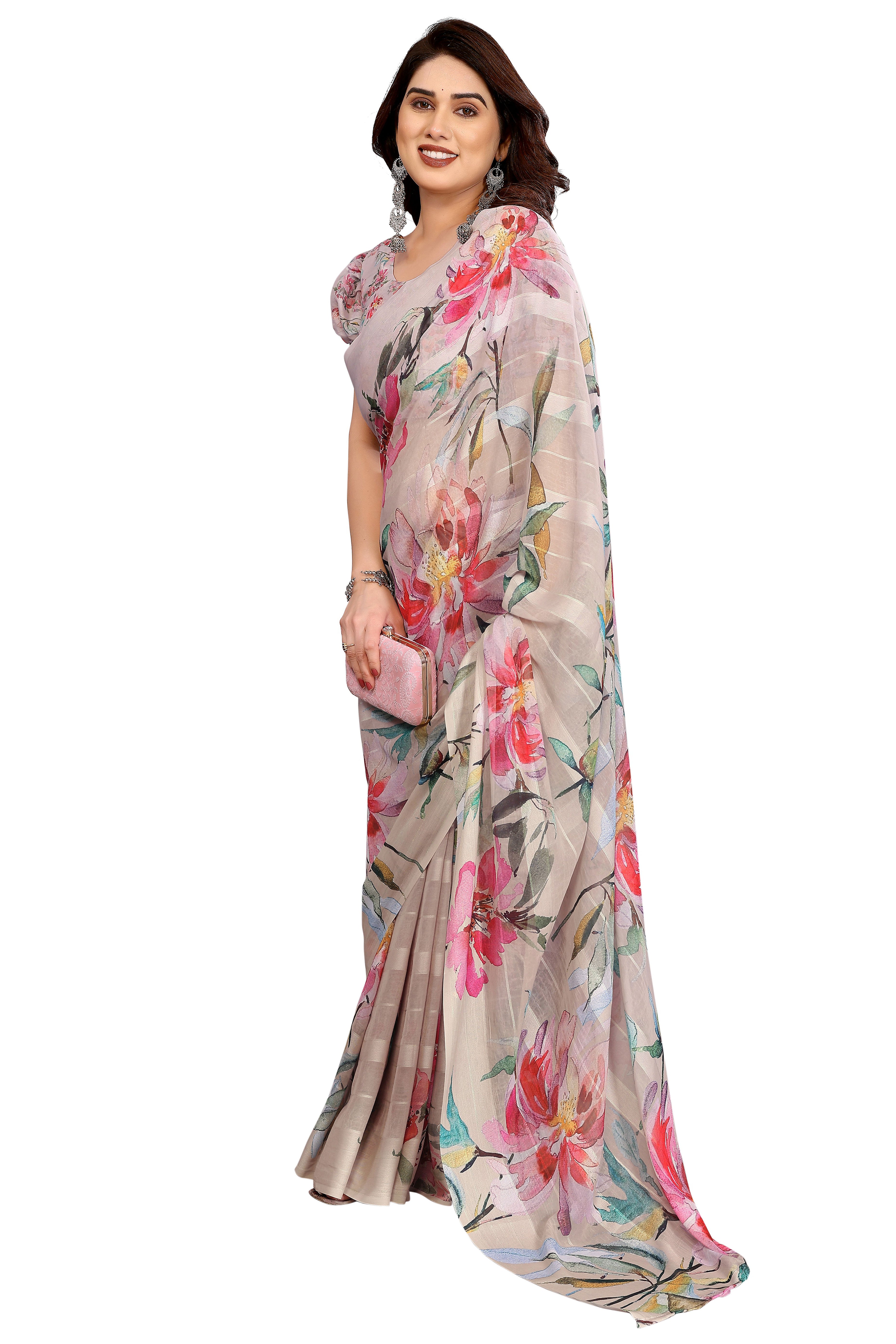 Sophisticated Beige Floral Digital Print Georgettte Saree With Zari Touch & Striped Design