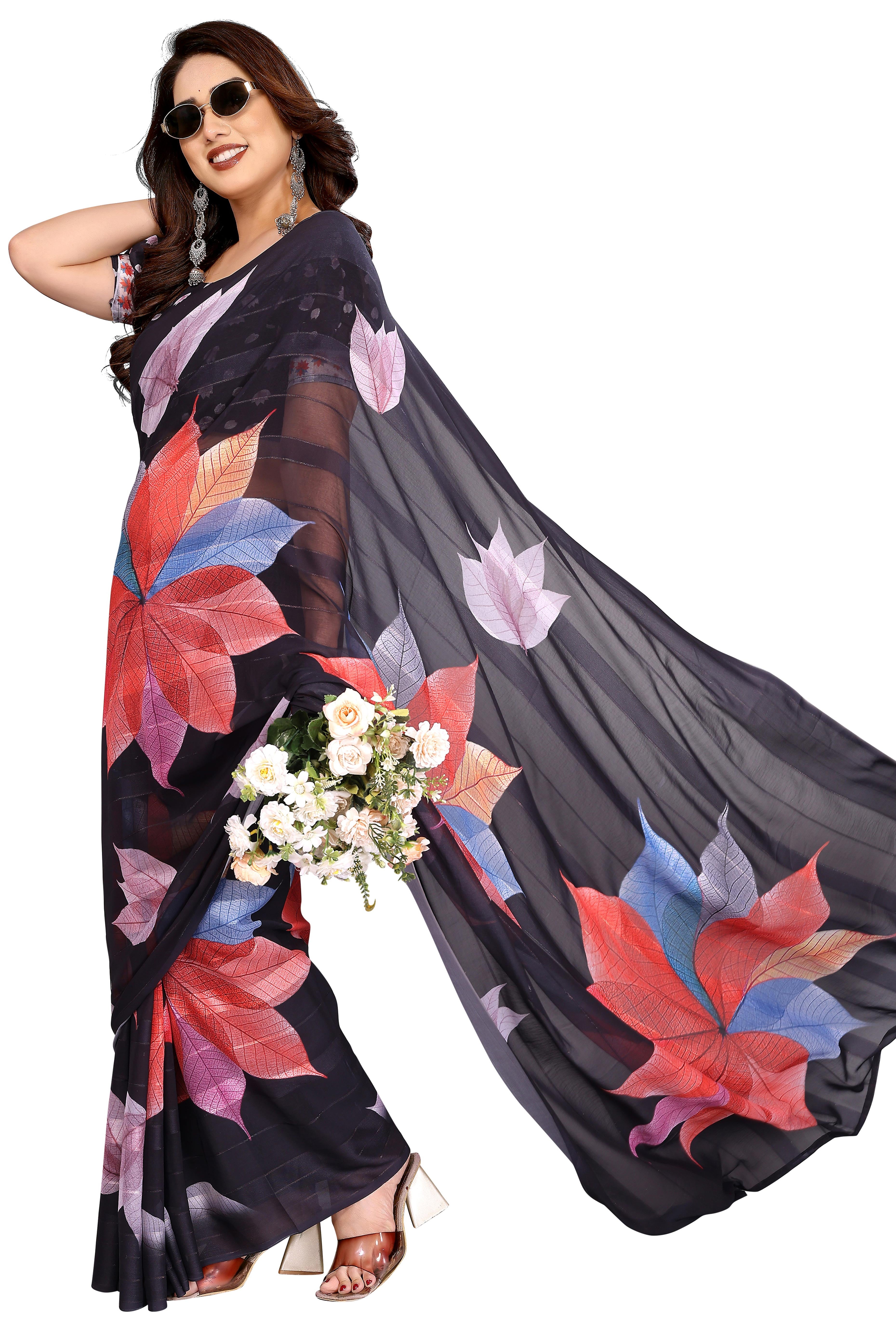 Sophisticated Black Floral Digital Print Georgettte Saree With Zari Touch & Striped Design