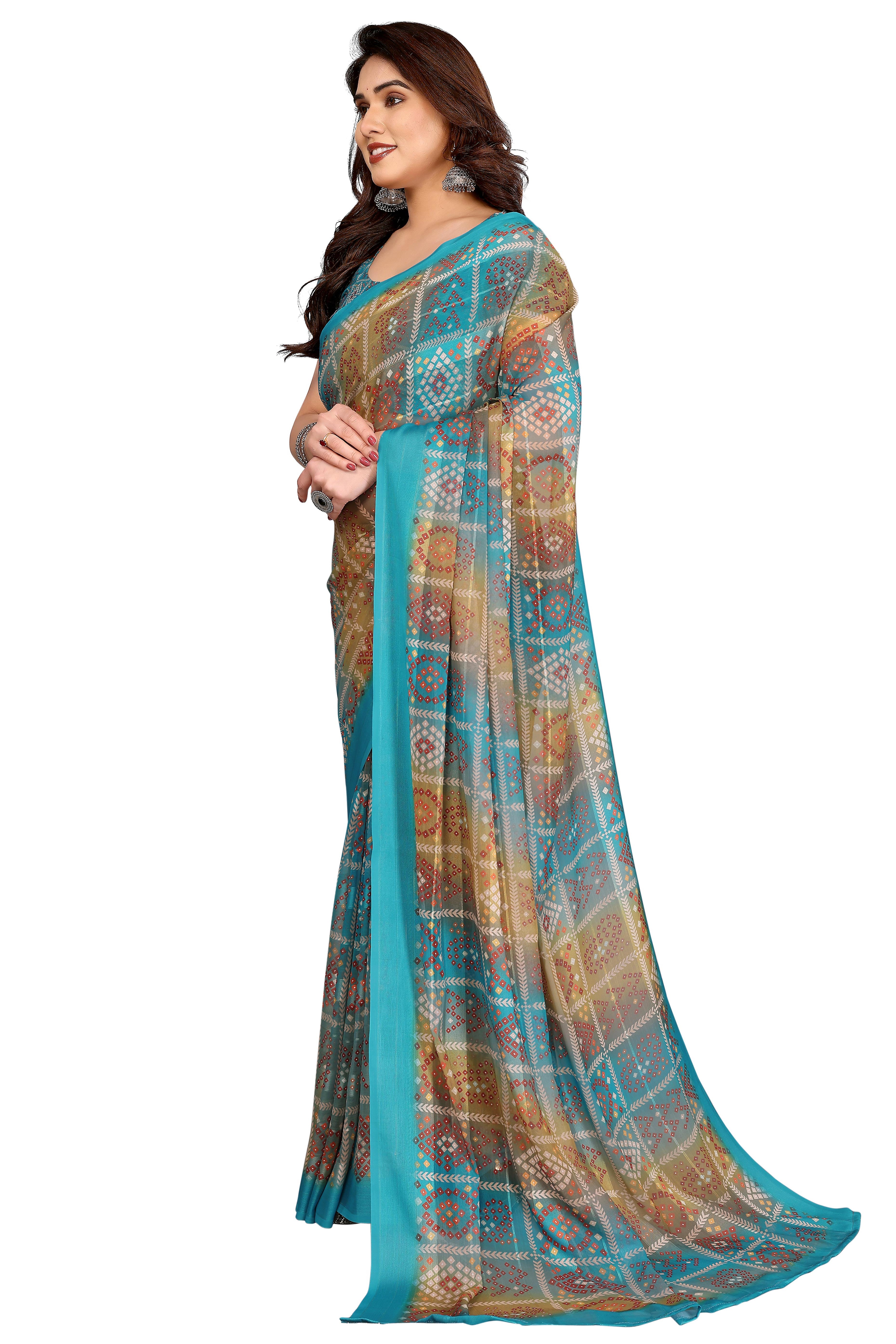 Sophisticated Rama Blue Bandhani Digital Print Georgettte Saree With Zari Touch & Striped Design