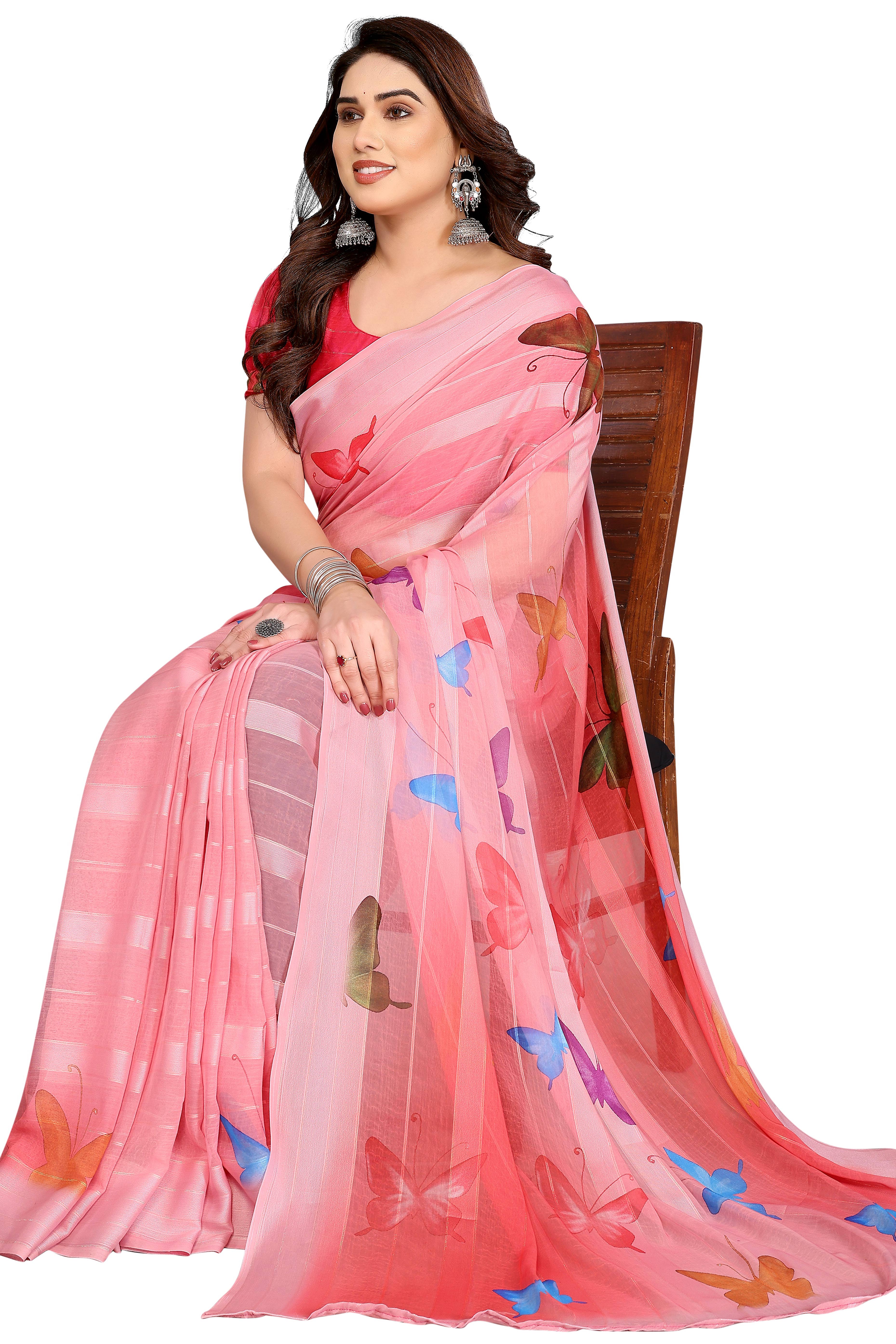 Sophisticated Pink Digital Print Georgettte Saree With Zari Touch & Striped Design