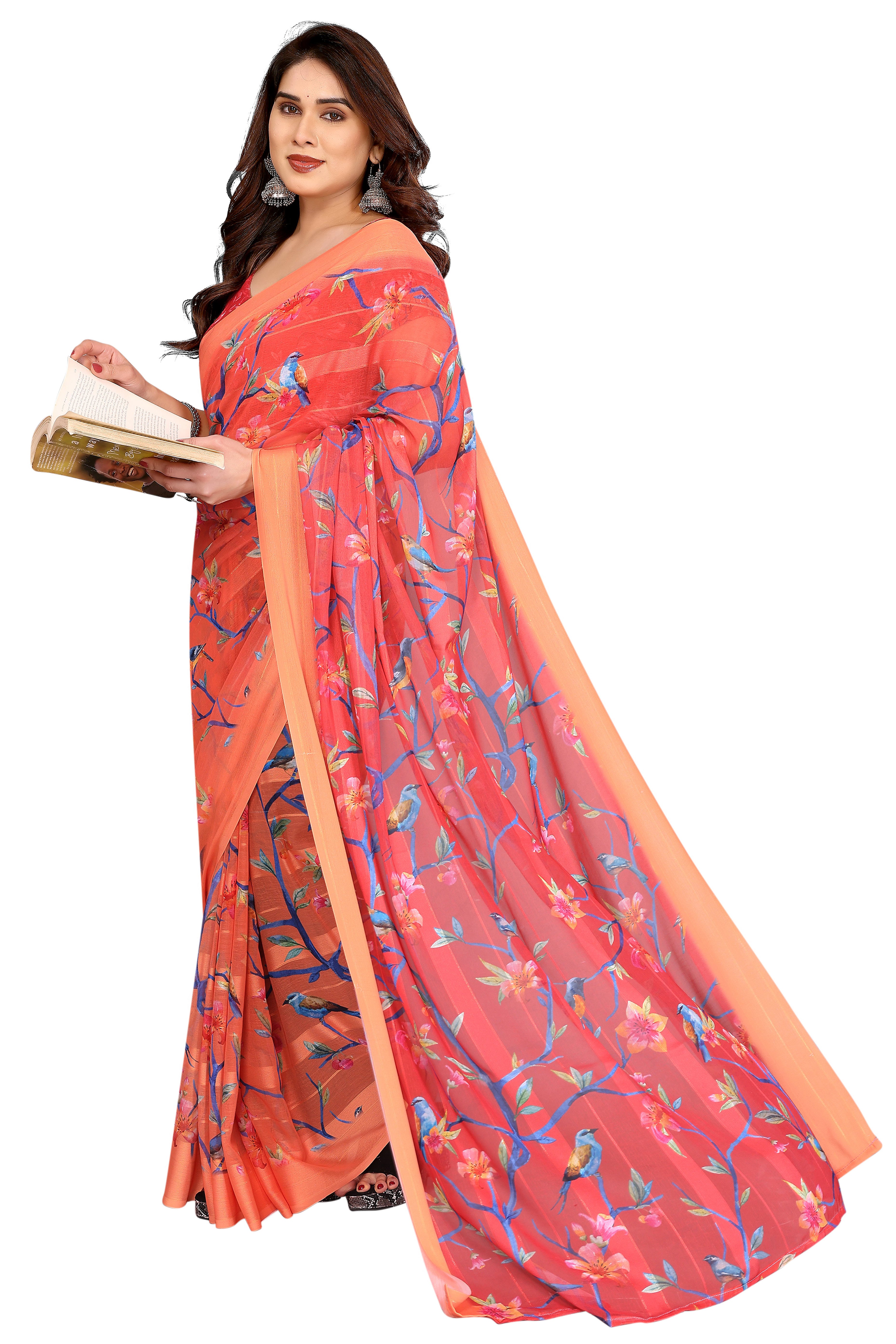 Sophisticated Red Floral Digital Print Georgettte Saree With Zari Touch & Striped Design