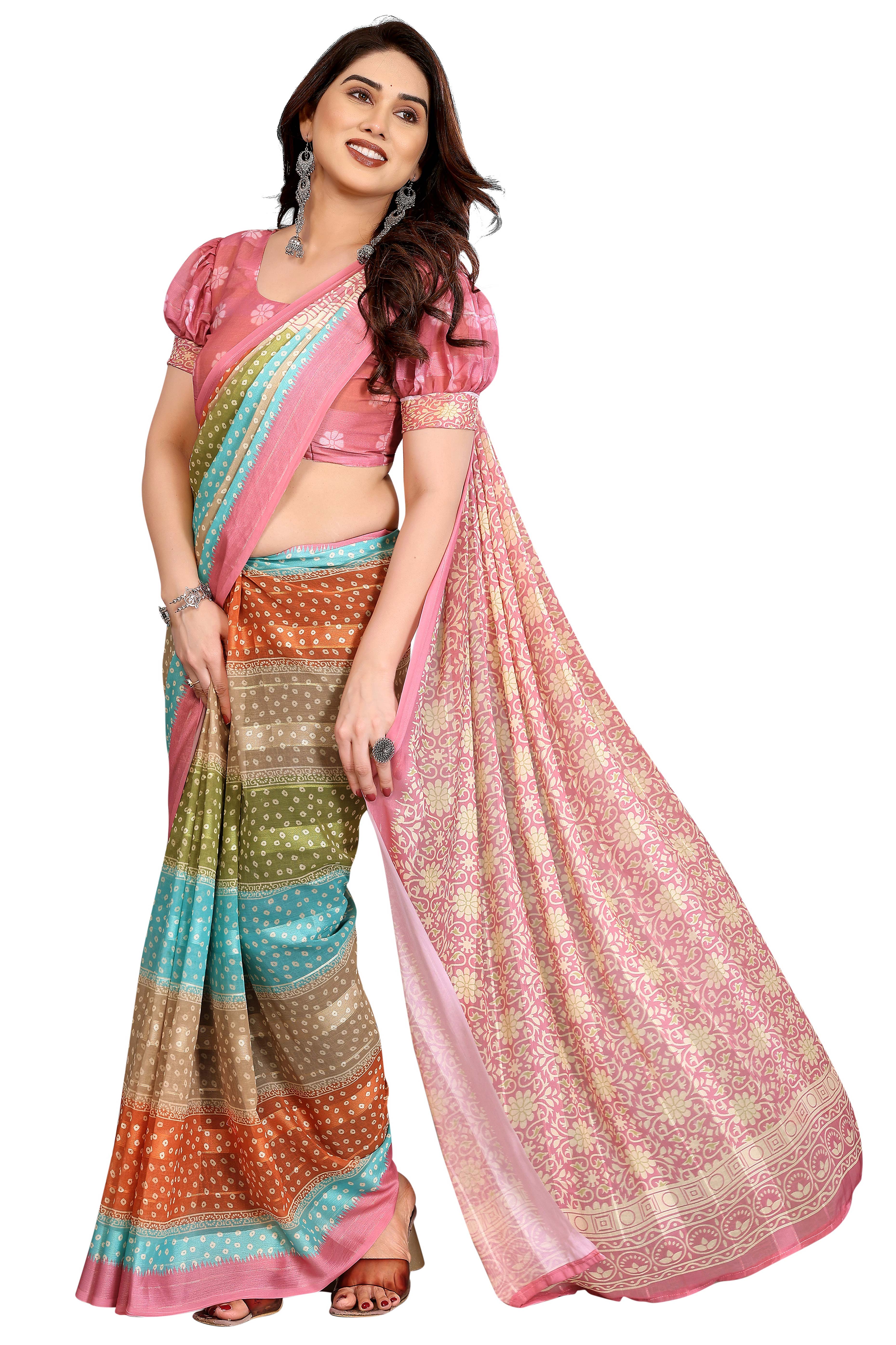 Sophisticated Multiclor Floral Digital Print Georgettte Saree With Zari Touch & Striped Design