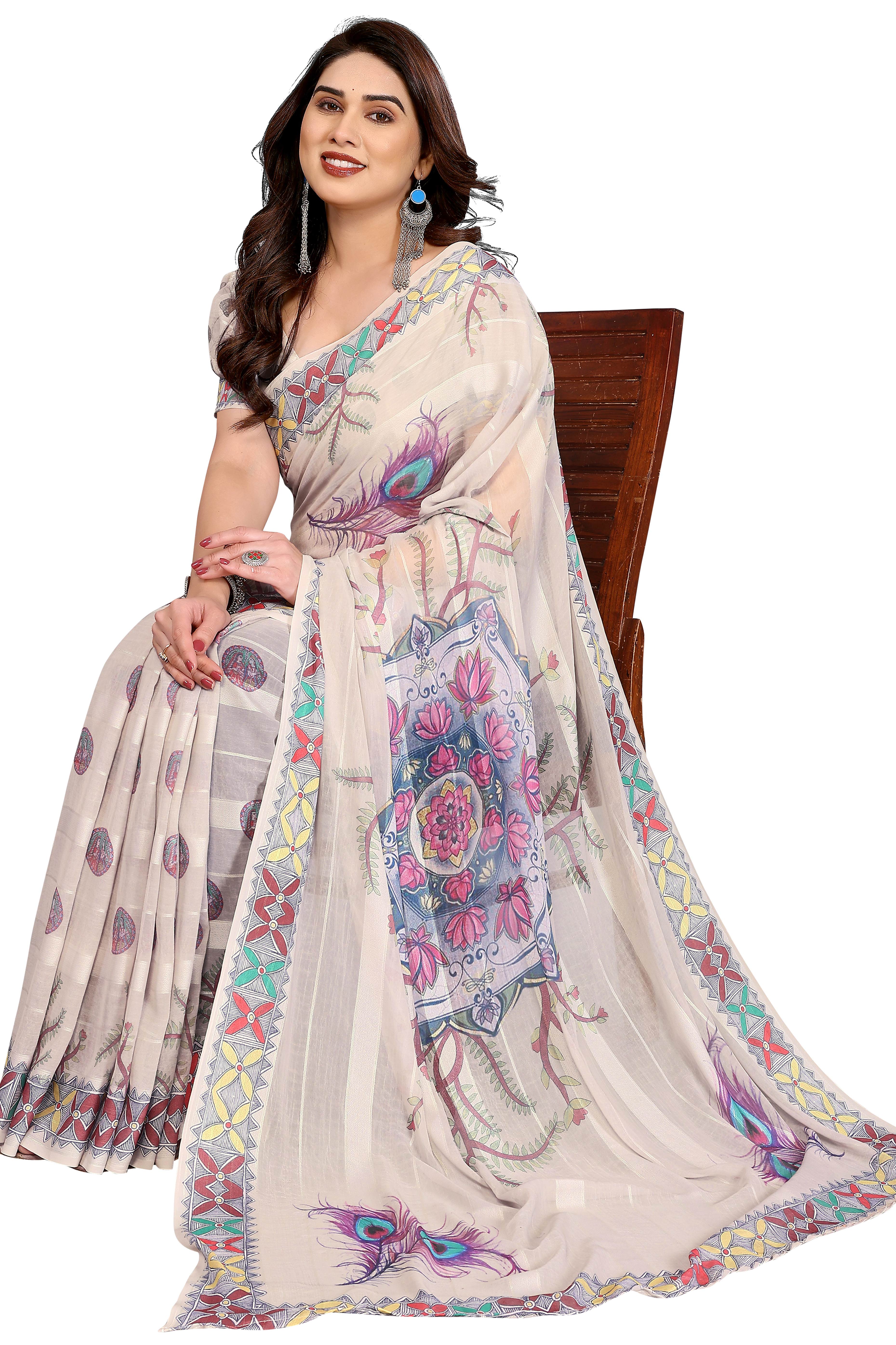 Classic Beige Floral Digital Print Georgette Saree With Refined Zari & Stylish Striped