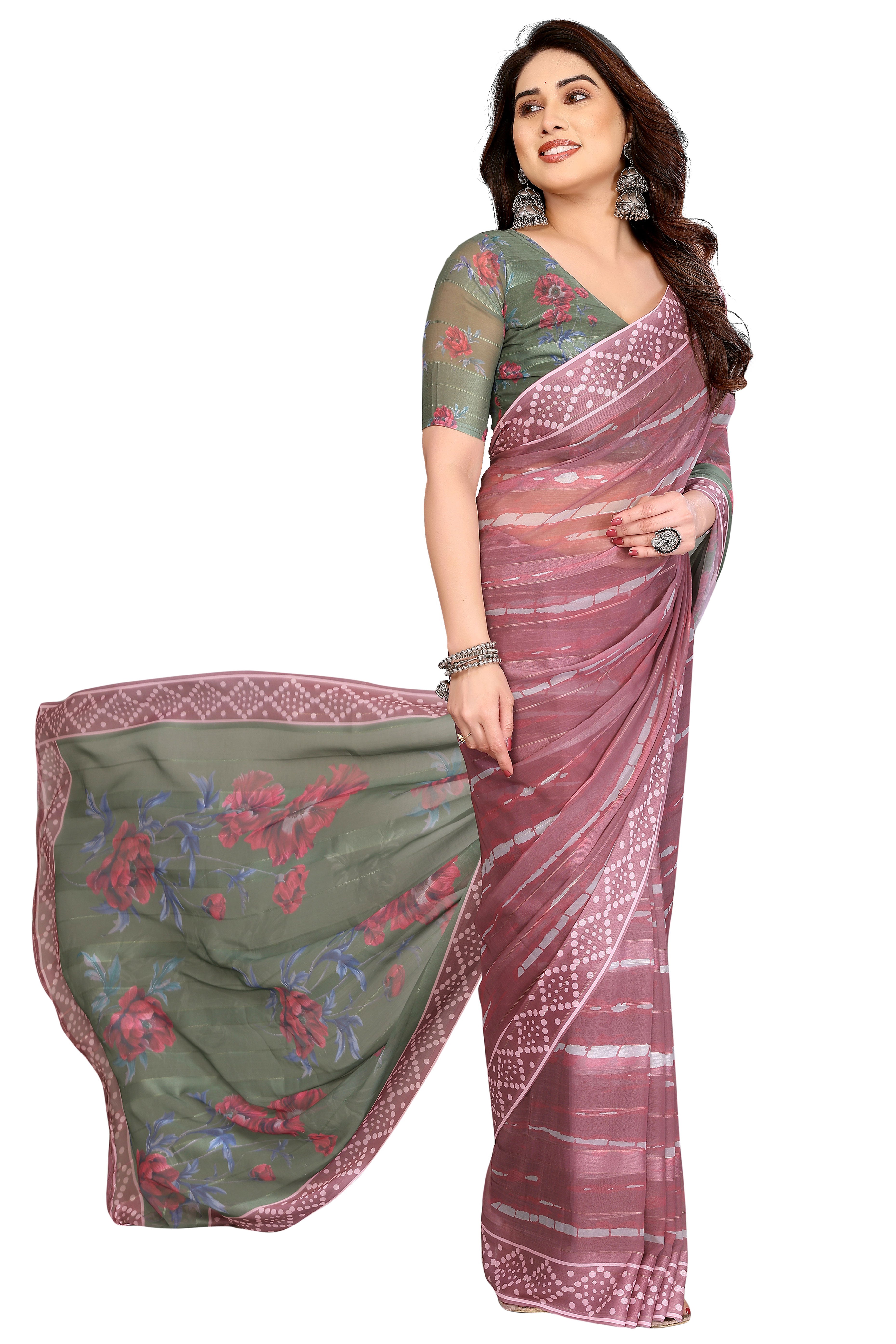 Classic Light Mauve Floral Digital Print Georgette Saree With Refined Zari & Stylish Striped