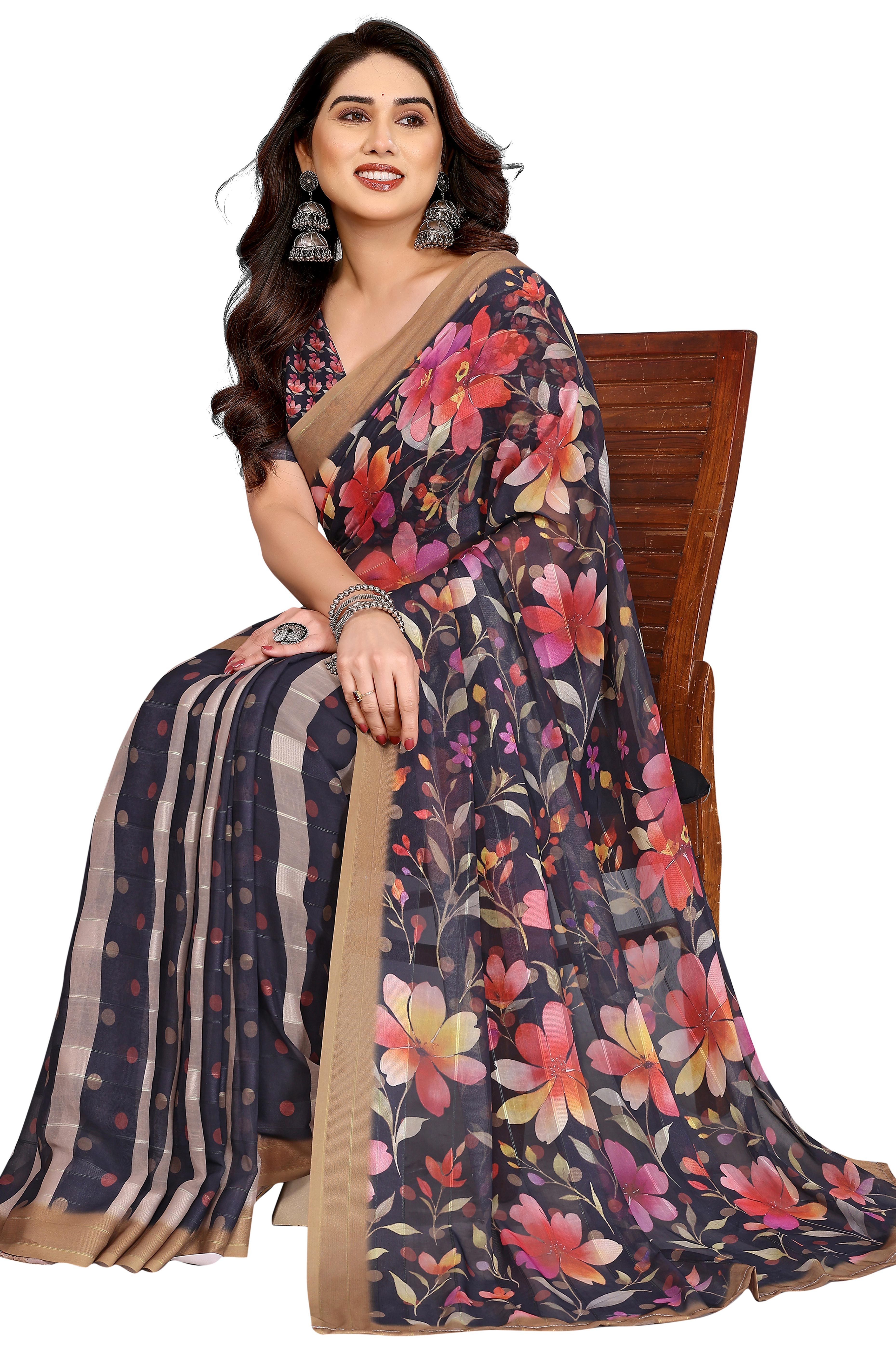 Classic Black Floral Digital Print Georgette Saree With Refined Zari & Stylish Striped
