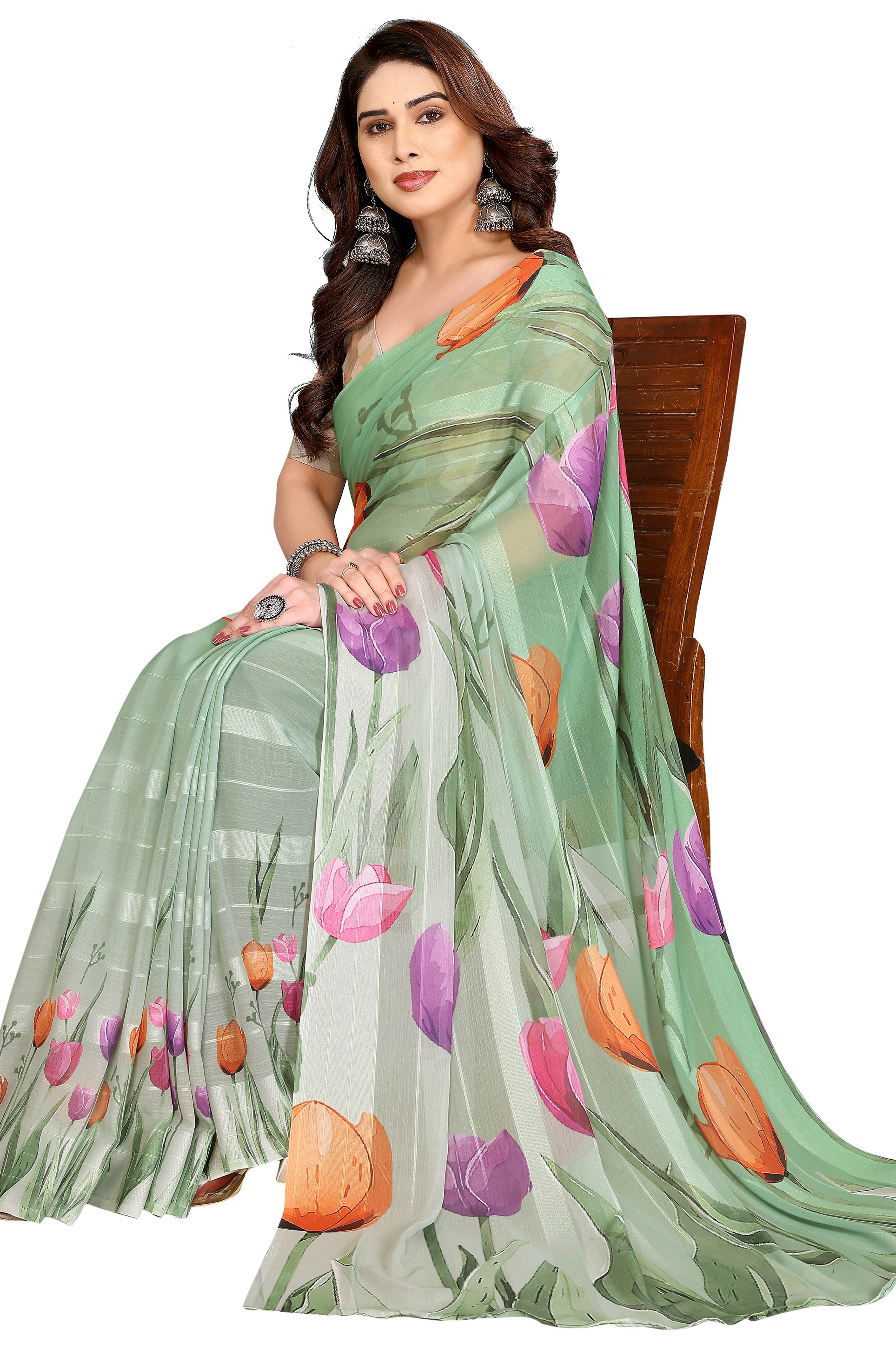 Classic Green Floral Digital Print Georgette Saree With Refined Zari & Stylish Striped