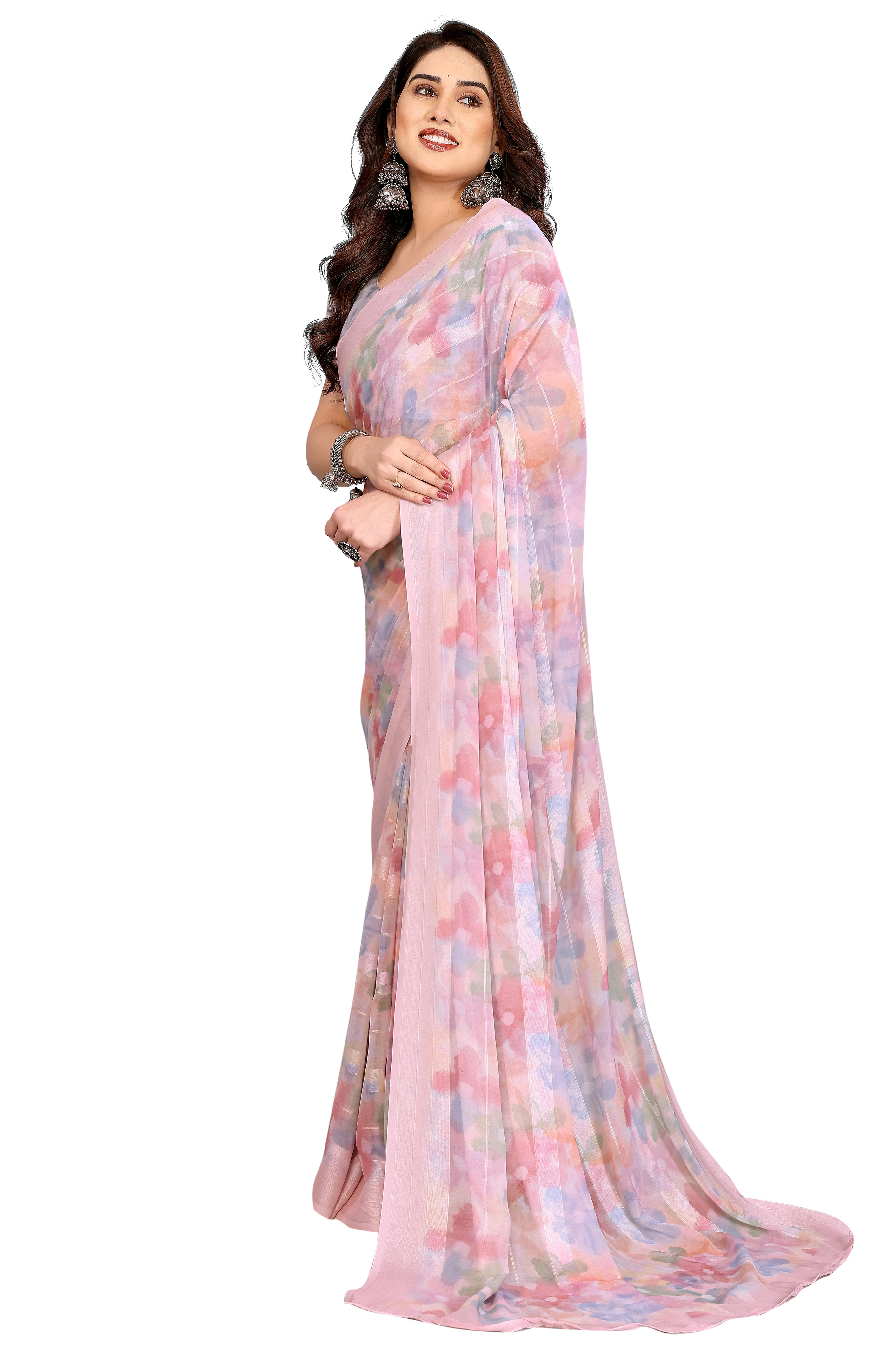 Classic Light Pink Floral Digital Print Georgette Saree With Refined Zari & Stylish Striped