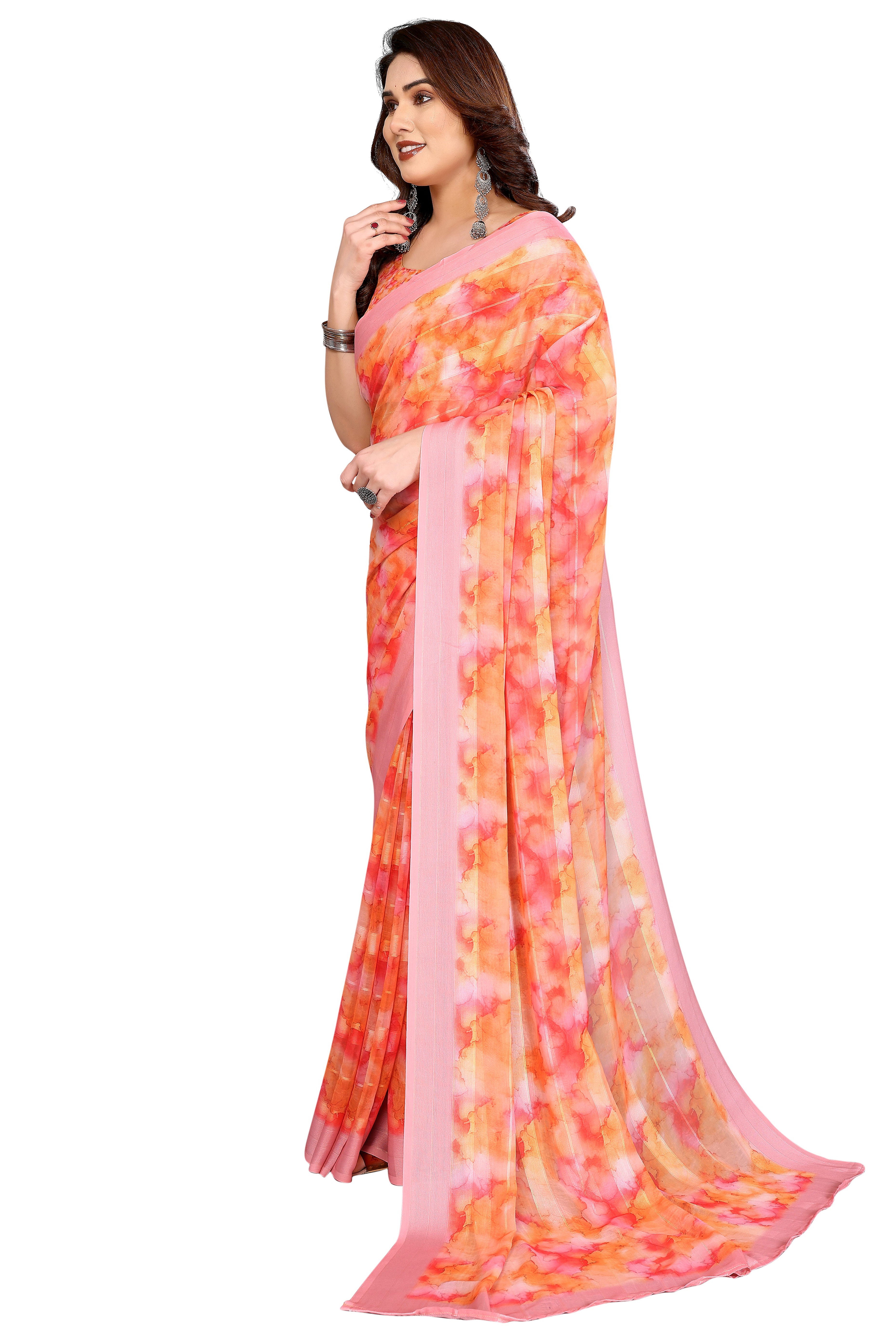 Classic Orange Digital Print Georgette Saree With Refined Zari & Stylish Striped