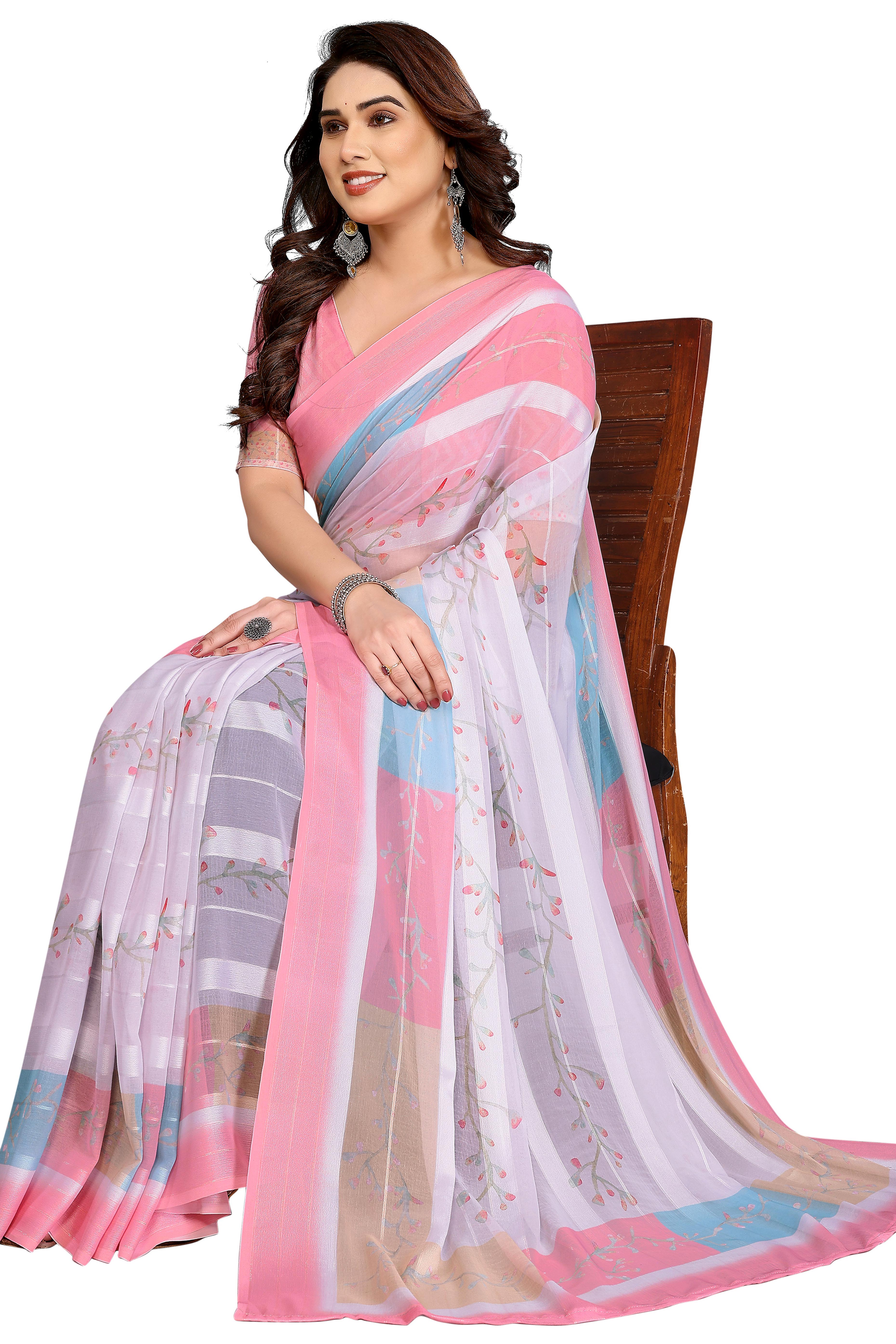 Classic White Floral Digital Print Georgette Saree With Refined Zari & Stylish Striped