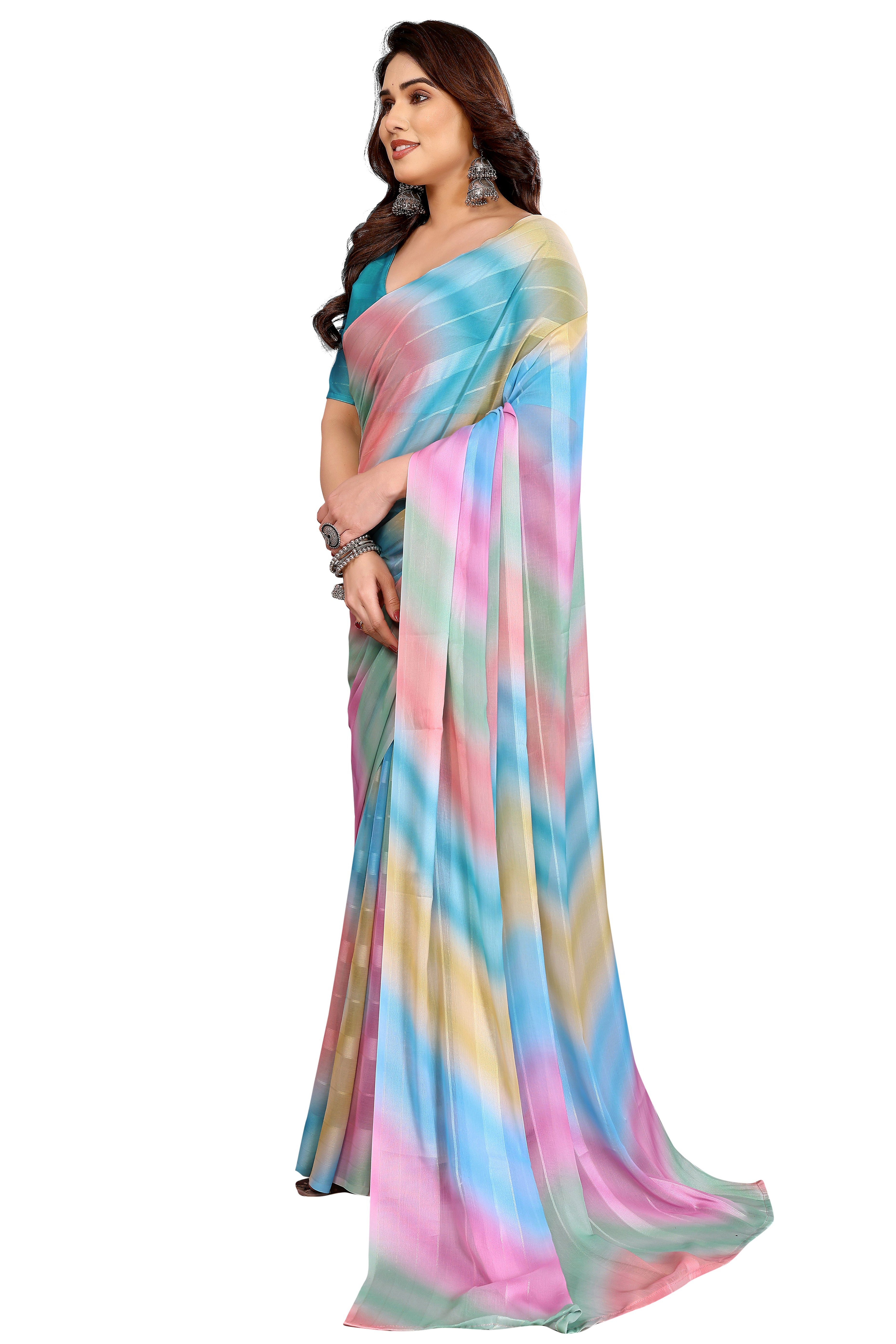 Classic Multicolor Ombre Digital Print Georgette Saree With Refined Zari & Stylish Striped