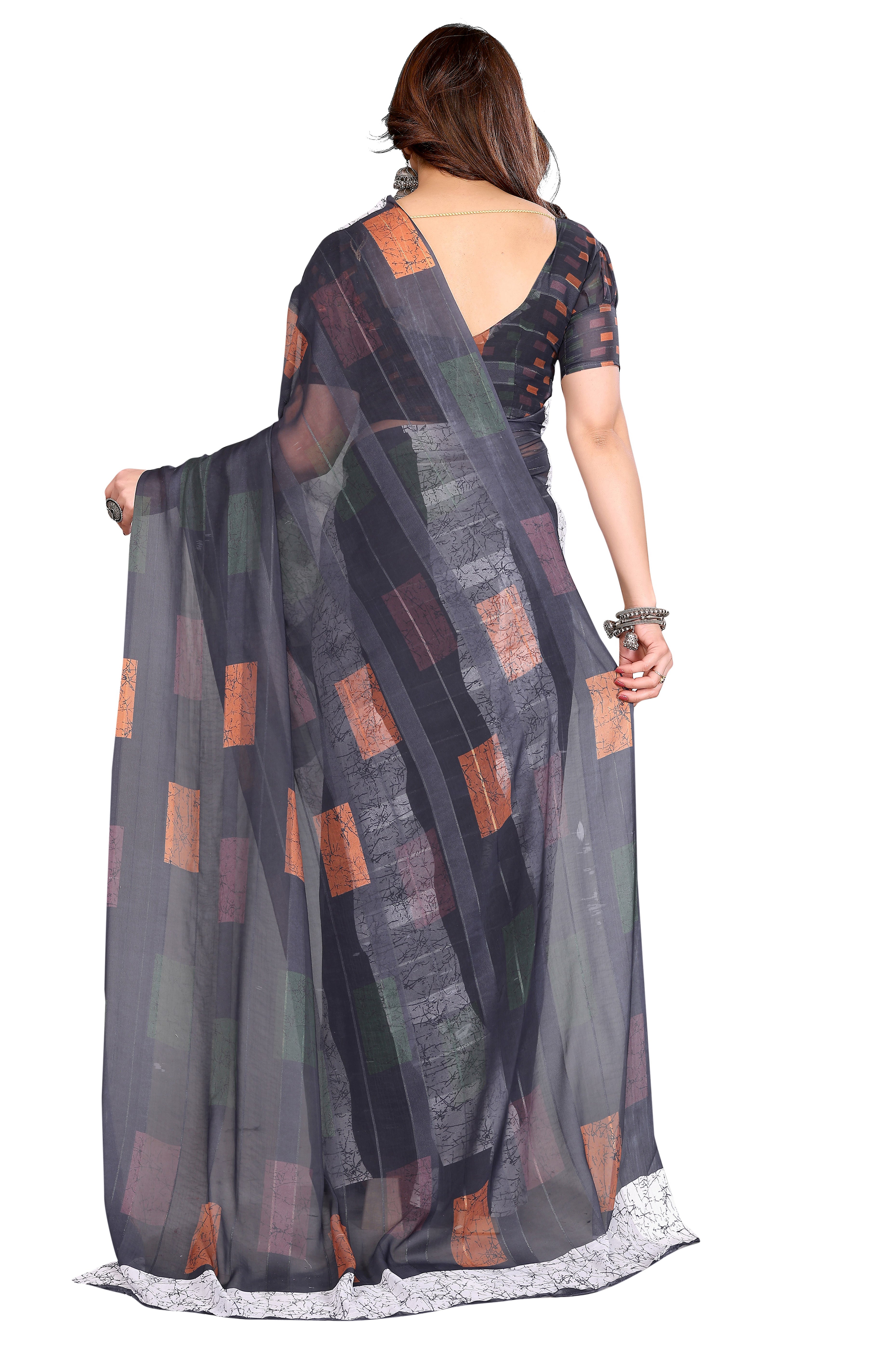 Classic Black Geometric Digital Print Georgette Saree With Refined Zari & Stylish Striped