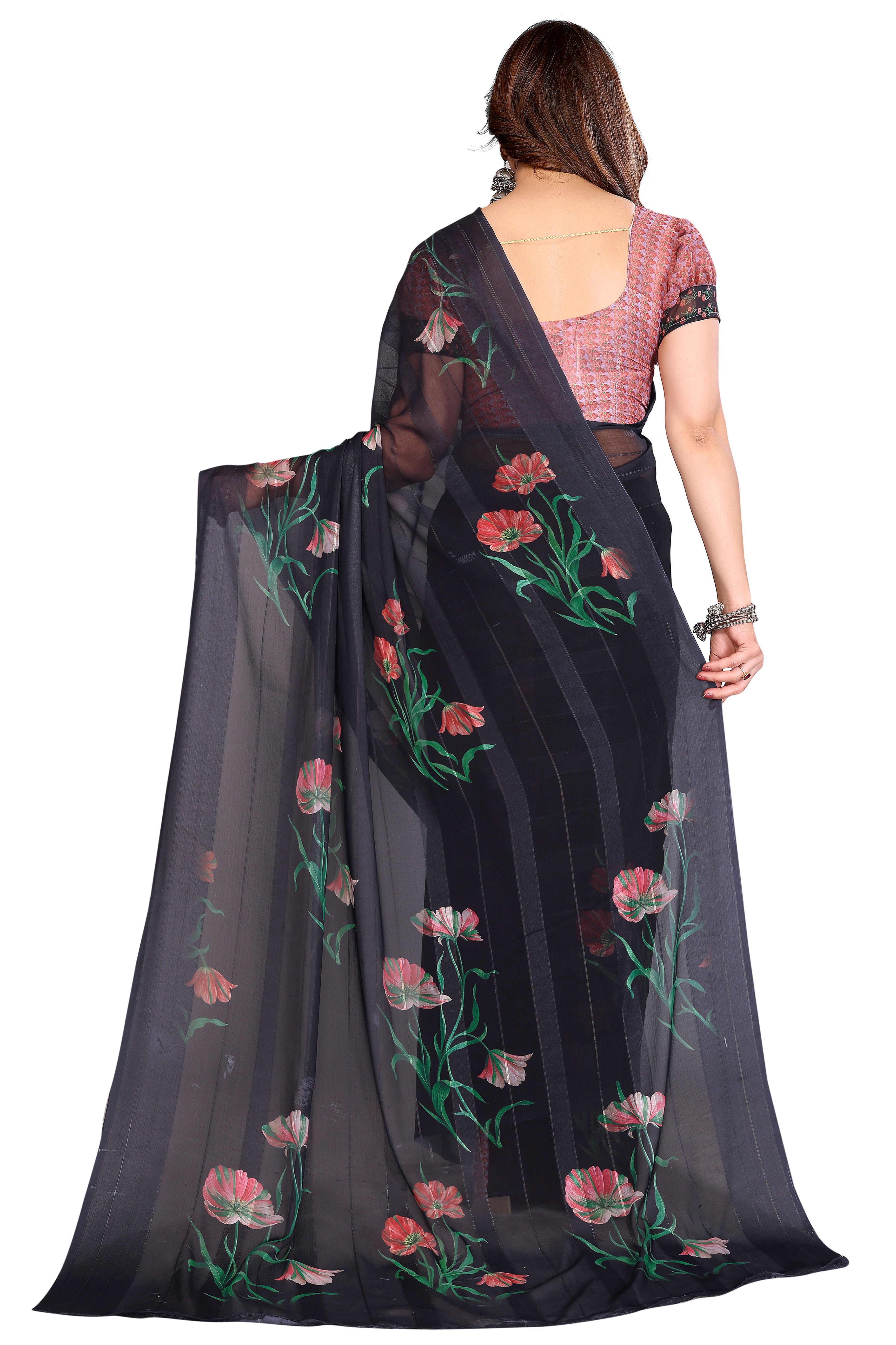 Premium Black Floral Digital Printed Georgette Saree Featuring Delicate Zari & Bright Striped
