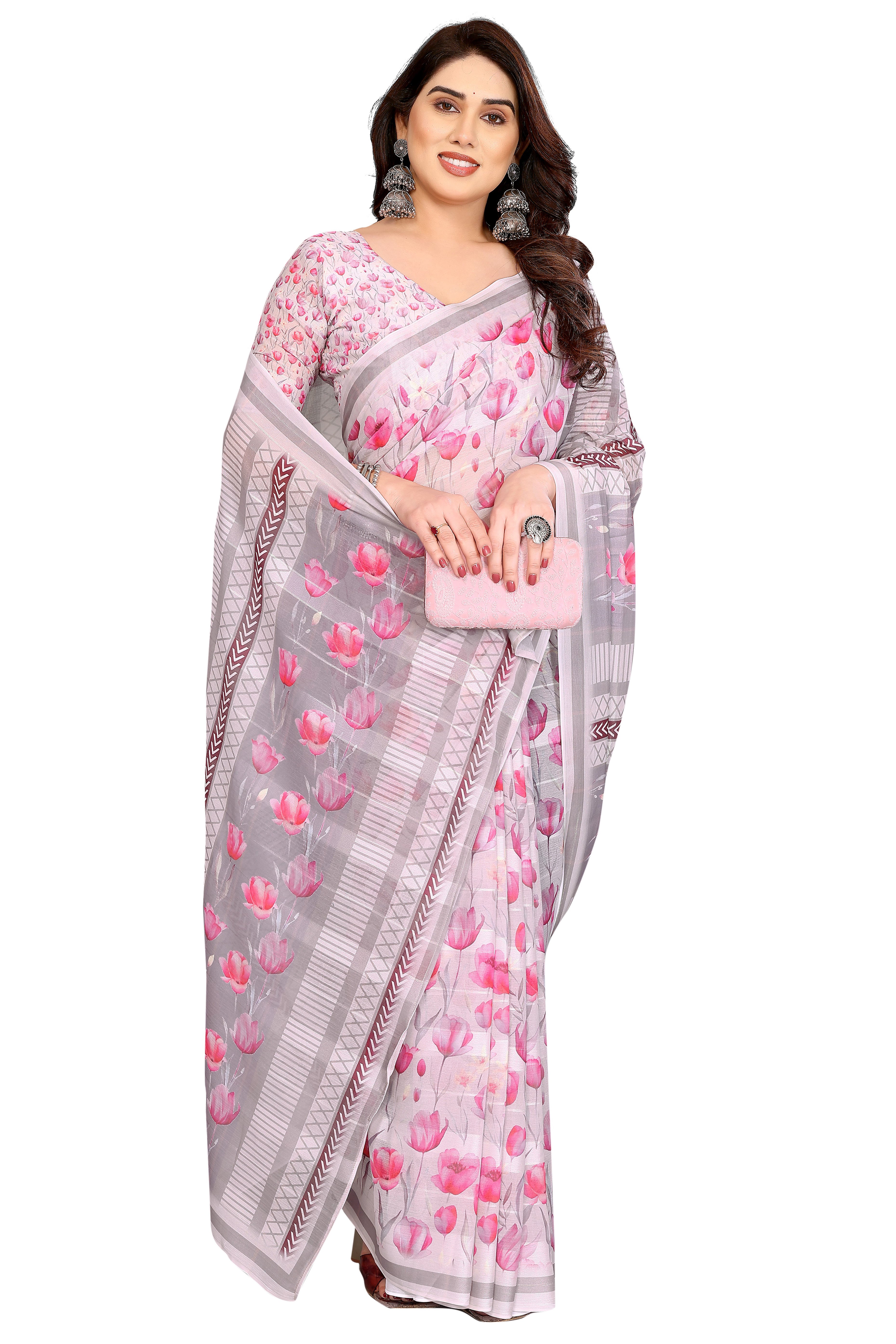 Premium Grey Floral Digital Printed Georgette Saree Featuring Delicate Zari & Bright Striped