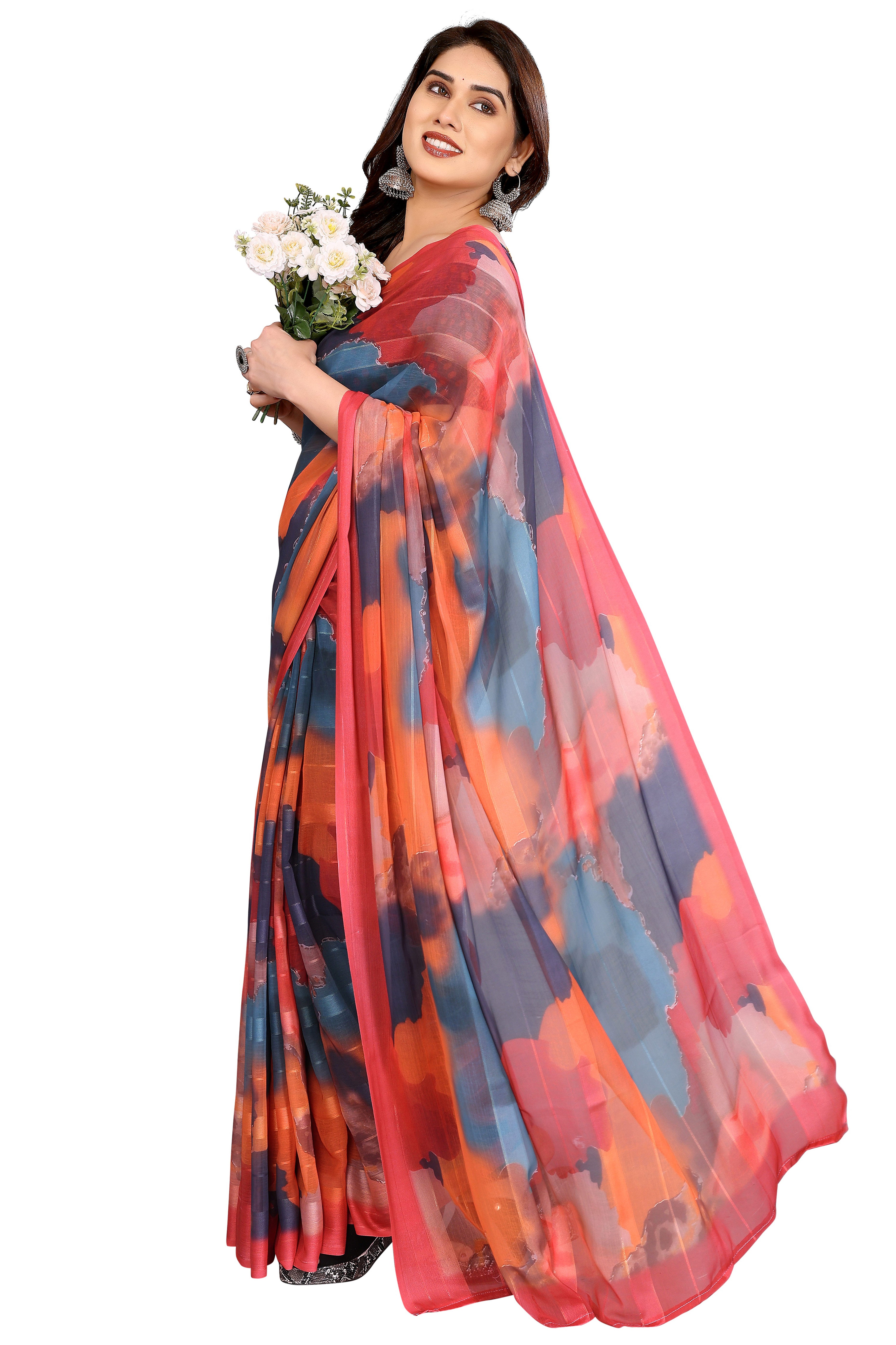 Premium Muticolor Digital Printed Georgette Saree Featuring Delicate Zari & Bright Striped