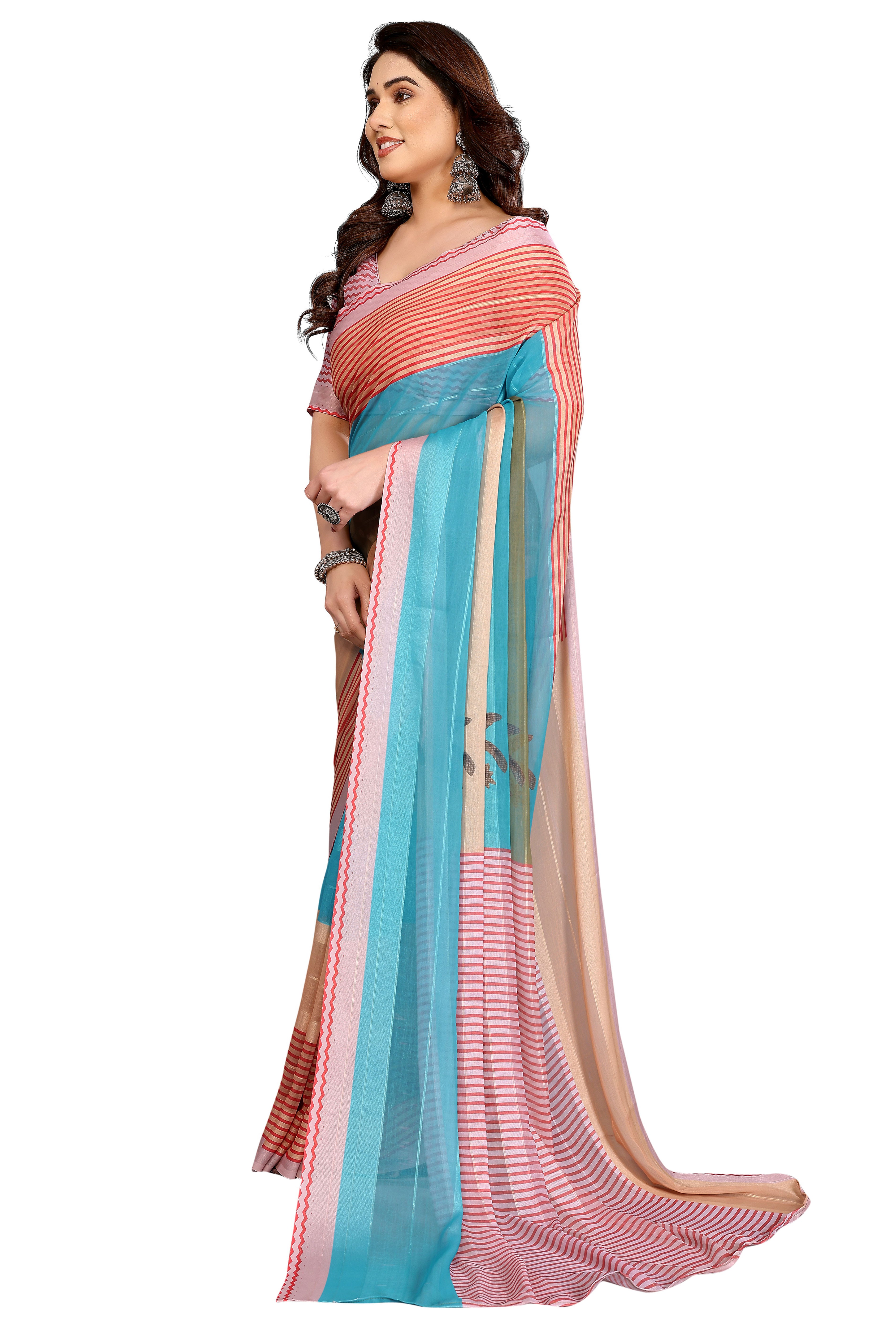 Premium Multicolor Digital Printed Georgette Saree Featuring Delicate Zari & Bright Striped