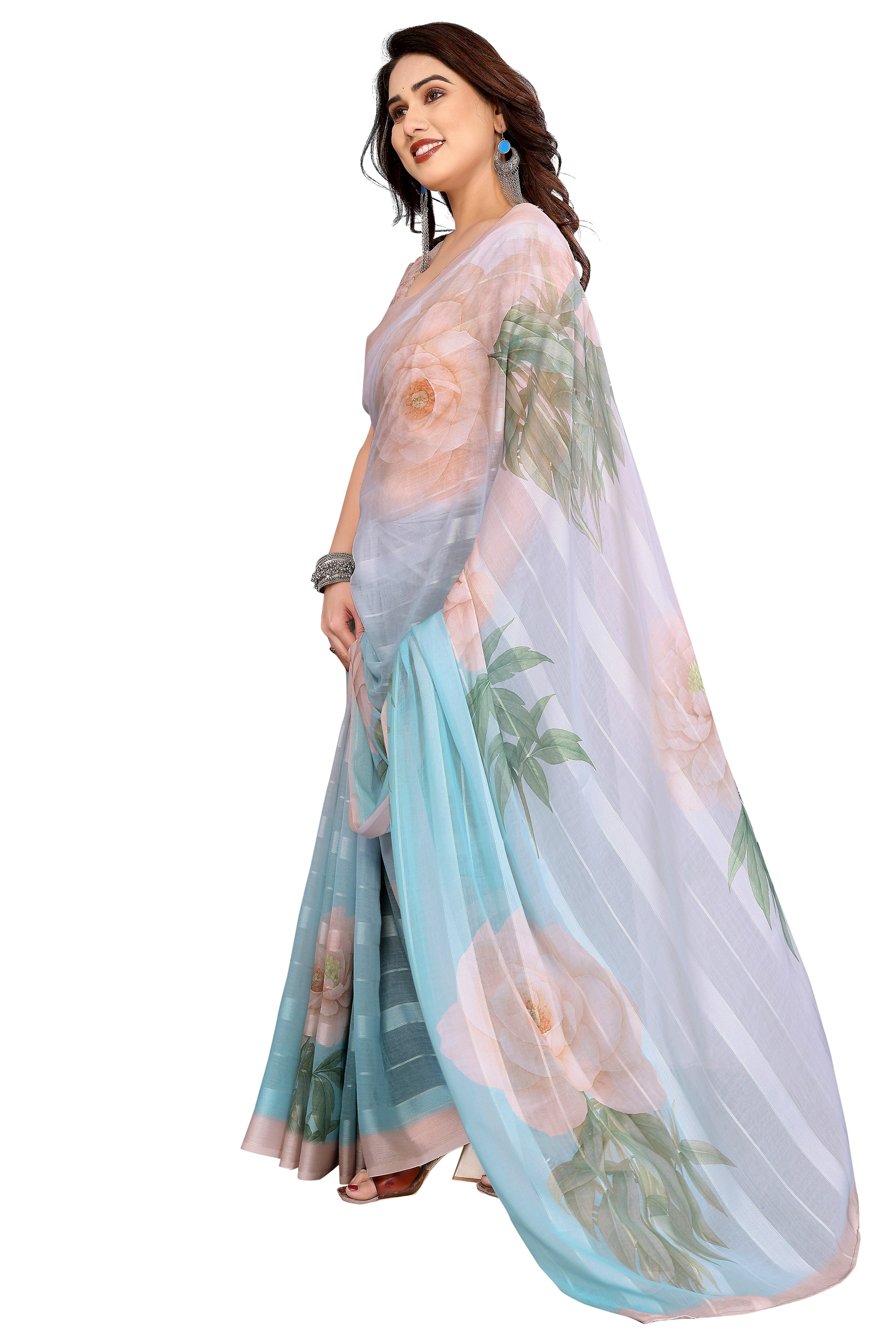 Premium Sky Blue & Grey Floral Digital Printed Georgette Saree With Delicate Zari & Bright Striped