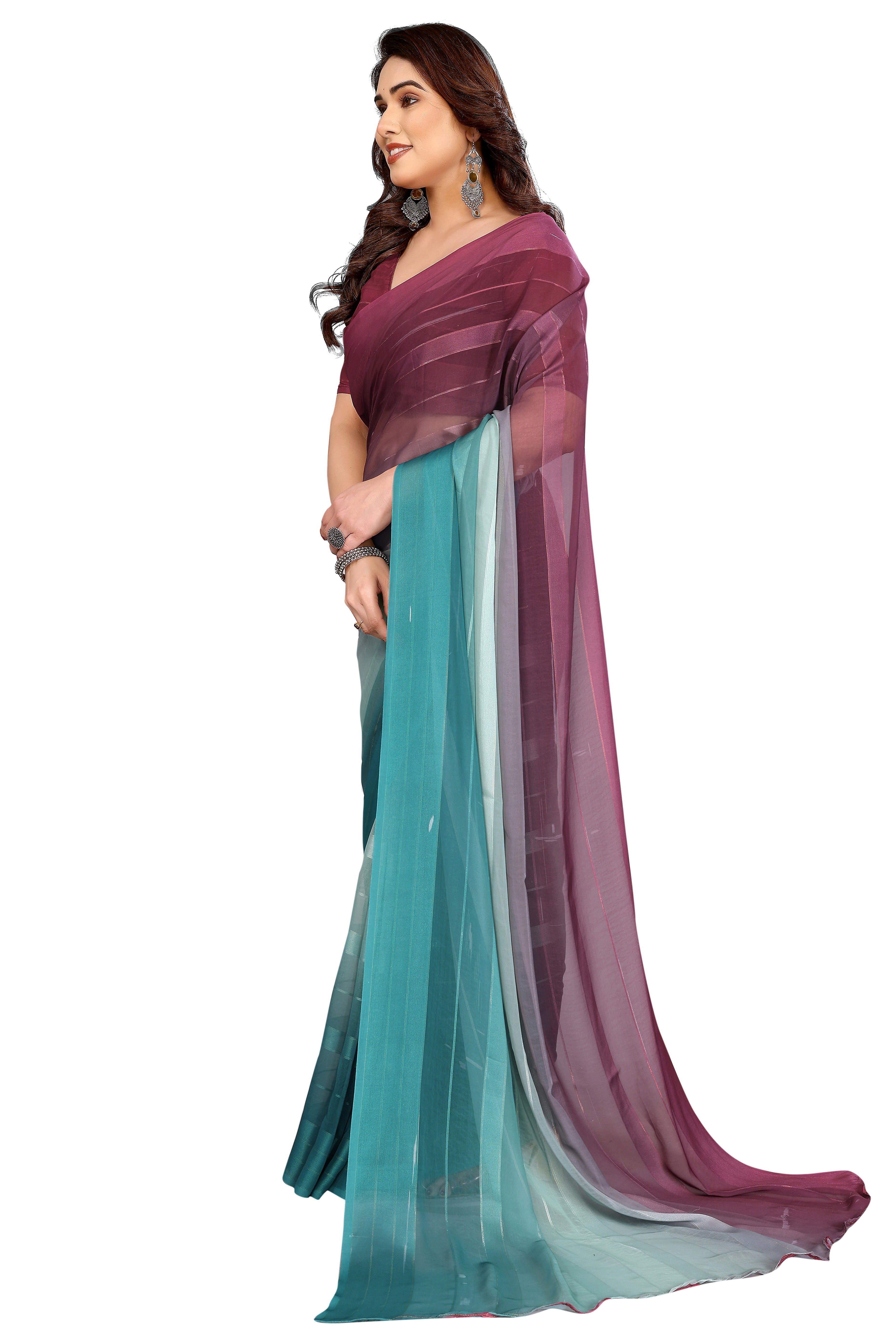 Premium Teal & Green Digital Printed Georgette Saree Featuring Delicate Zari & Bright Striped
